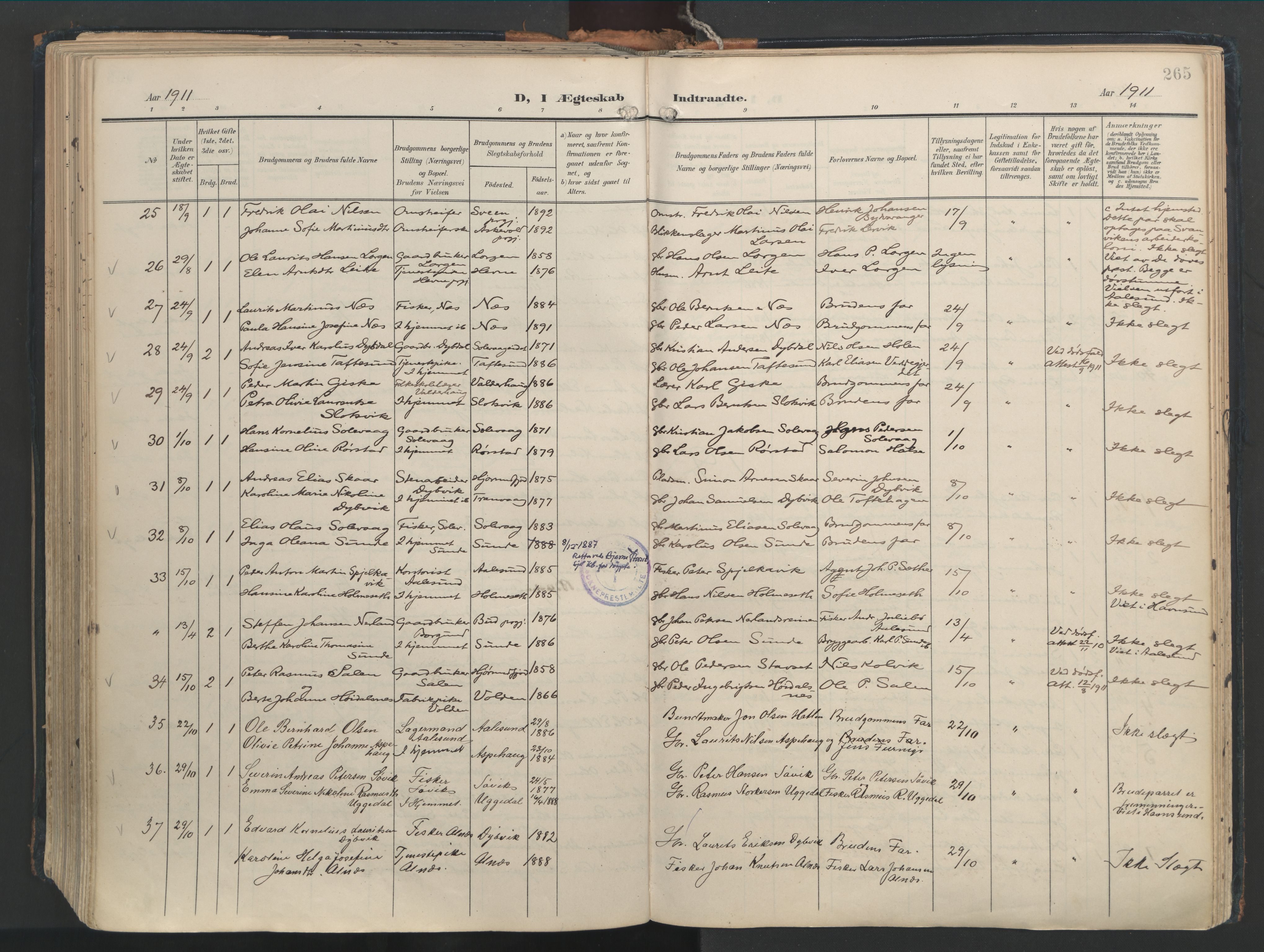 Ministerialprotokoller, klokkerbøker og fødselsregistre - Møre og Romsdal, SAT/A-1454/528/L0411: Parish register (official) no. 528A20, 1907-1920, p. 265