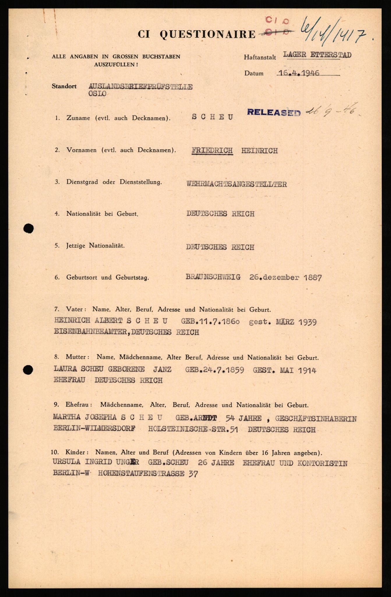 Forsvaret, Forsvarets overkommando II, RA/RAFA-3915/D/Db/L0029: CI Questionaires. Tyske okkupasjonsstyrker i Norge. Tyskere., 1945-1946, p. 157