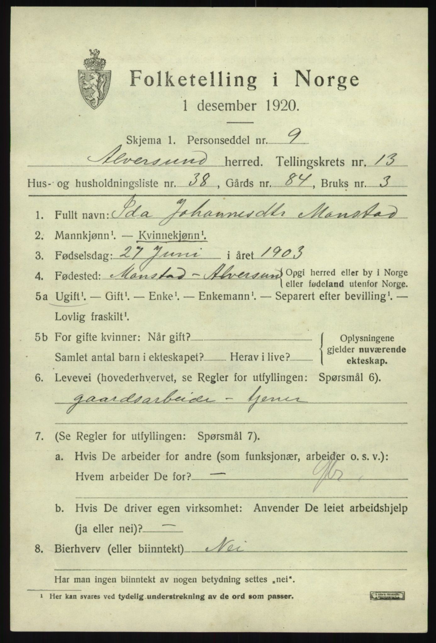 SAB, 1920 census for Alversund, 1920, p. 7660