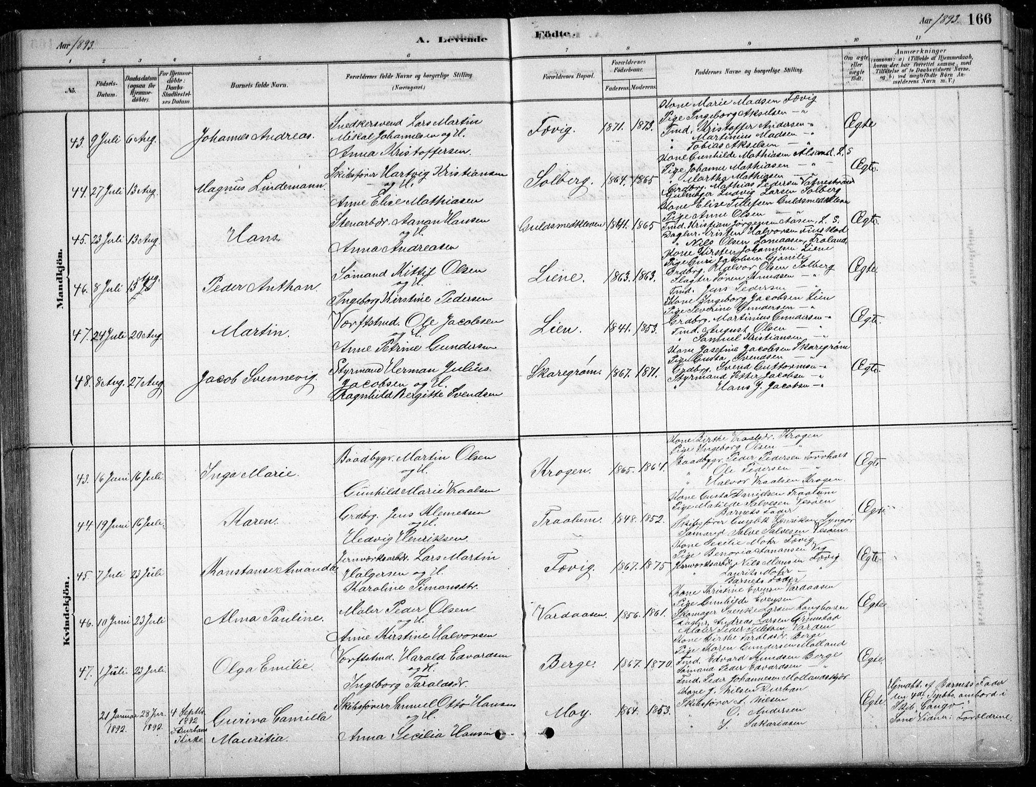 Fjære sokneprestkontor, AV/SAK-1111-0011/F/Fb/L0011: Parish register (copy) no. B 11, 1881-1905, p. 166