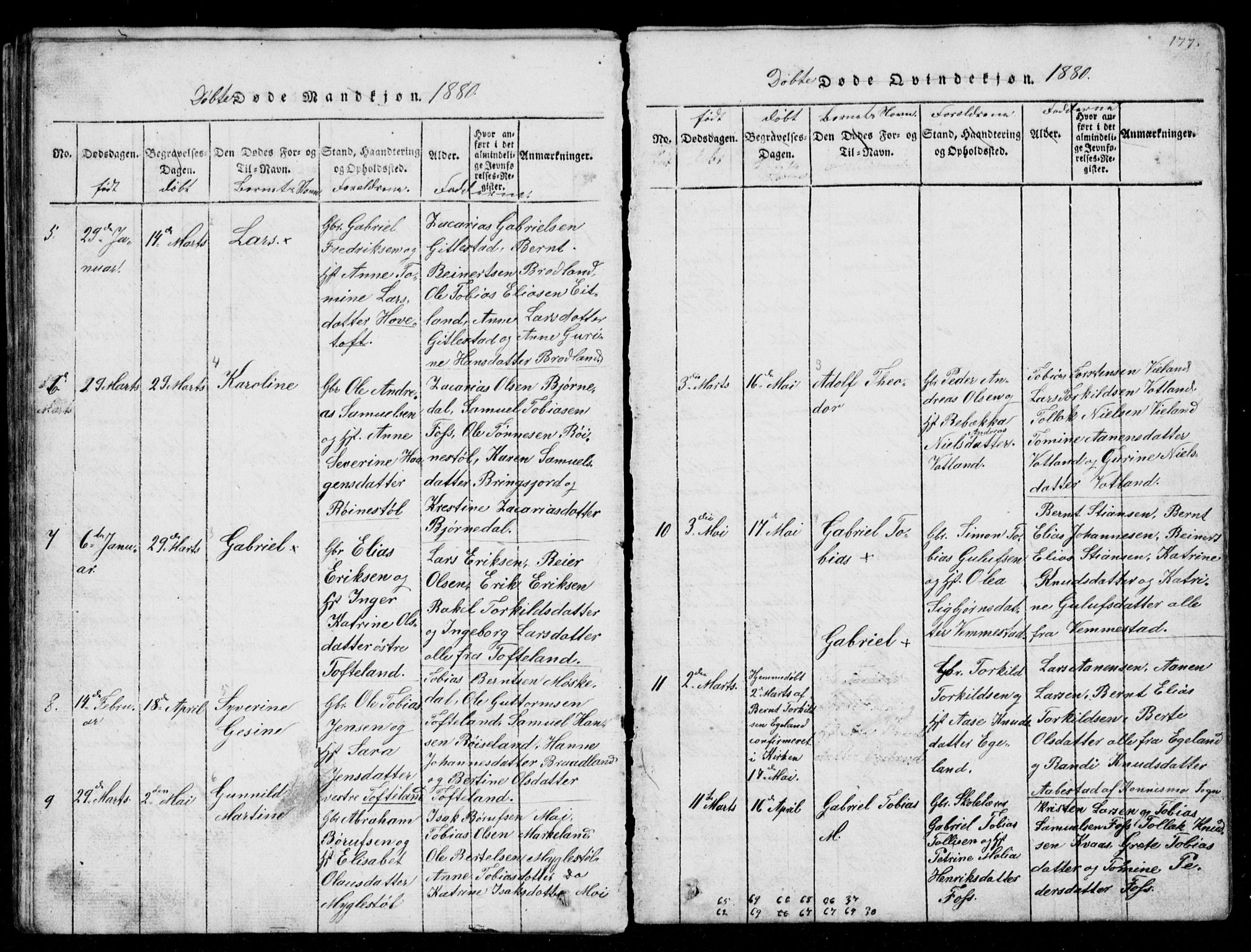 Lyngdal sokneprestkontor, AV/SAK-1111-0029/F/Fb/Fbb/L0001: Parish register (copy) no. B 1, 1816-1900, p. 177