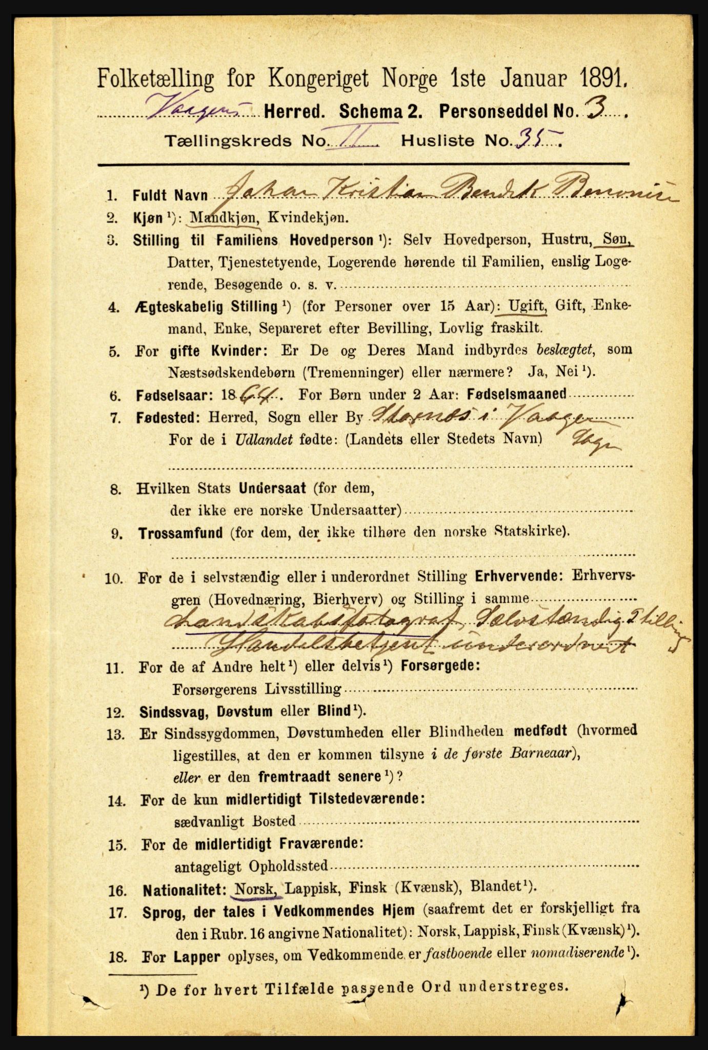 RA, 1891 census for 1865 Vågan, 1891, p. 656