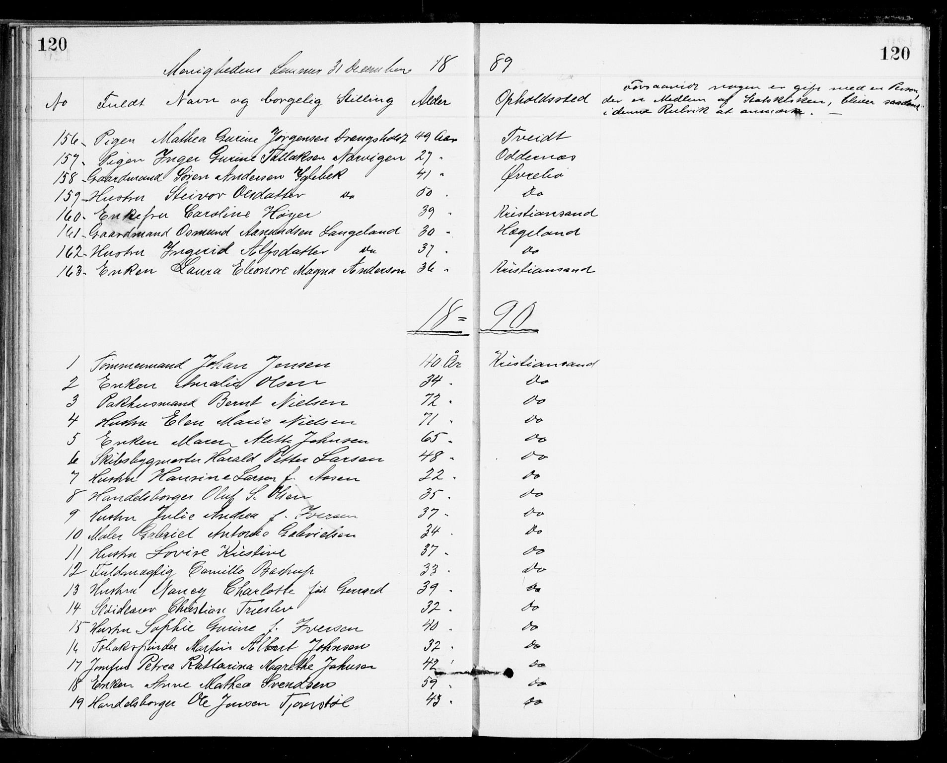 Den evangelisk-lutherske frikirke, Kristiansand, SAK/1292-0017/F/Fa/L0002: Dissenter register no. F 10, 1889-1892, p. 120