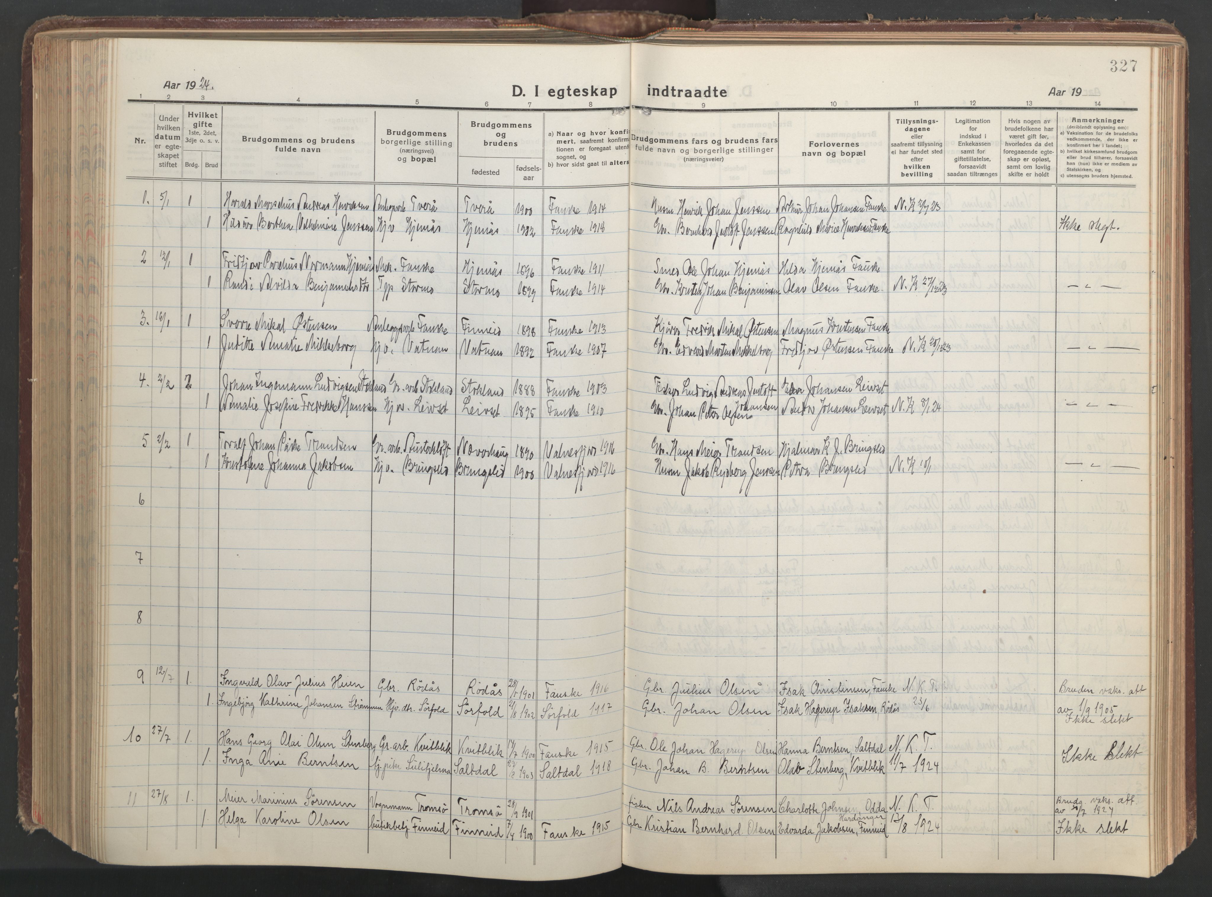 Ministerialprotokoller, klokkerbøker og fødselsregistre - Nordland, AV/SAT-A-1459/849/L0700: Parish register (copy) no. 849C01, 1919-1946, p. 327