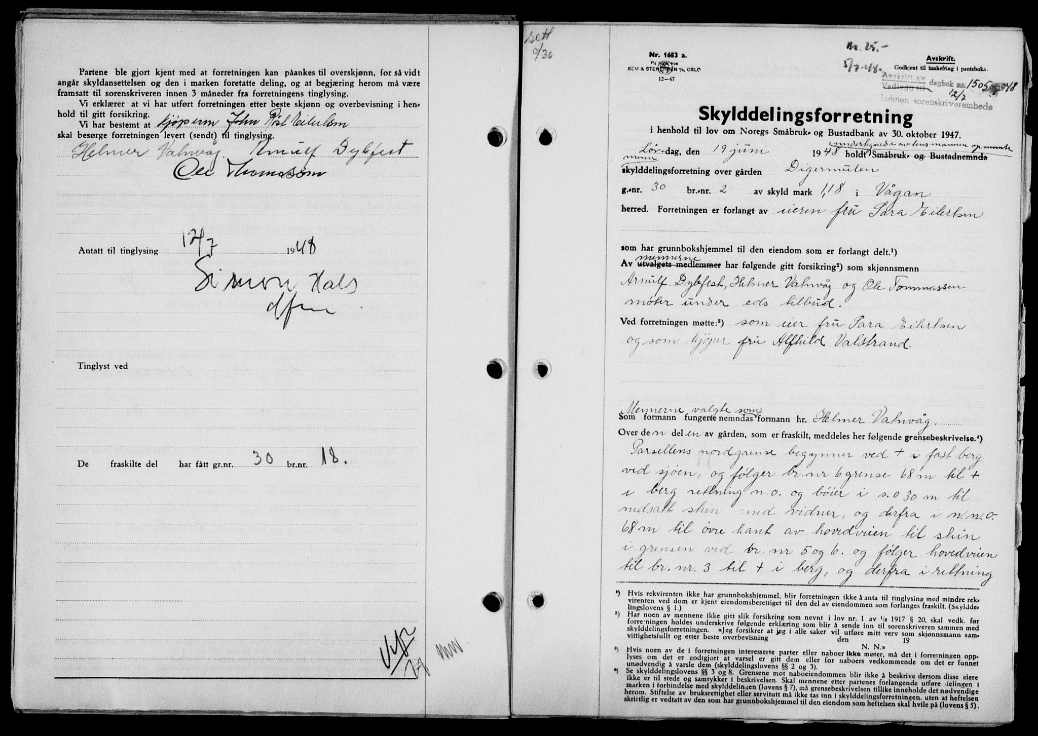 Lofoten sorenskriveri, SAT/A-0017/1/2/2C/L0018a: Mortgage book no. 18a, 1948-1948, Diary no: : 1505/1948