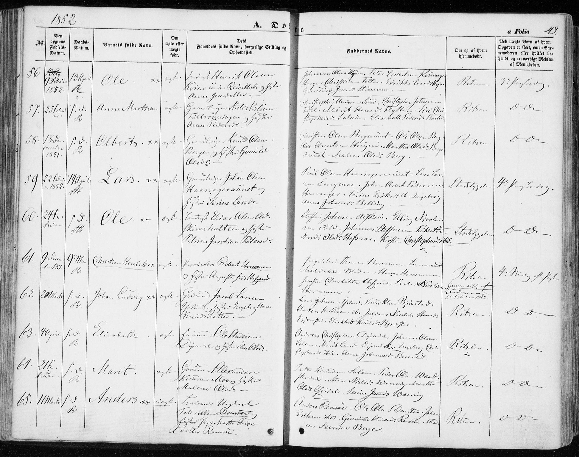 Ministerialprotokoller, klokkerbøker og fødselsregistre - Sør-Trøndelag, AV/SAT-A-1456/646/L0611: Parish register (official) no. 646A09, 1848-1857, p. 49