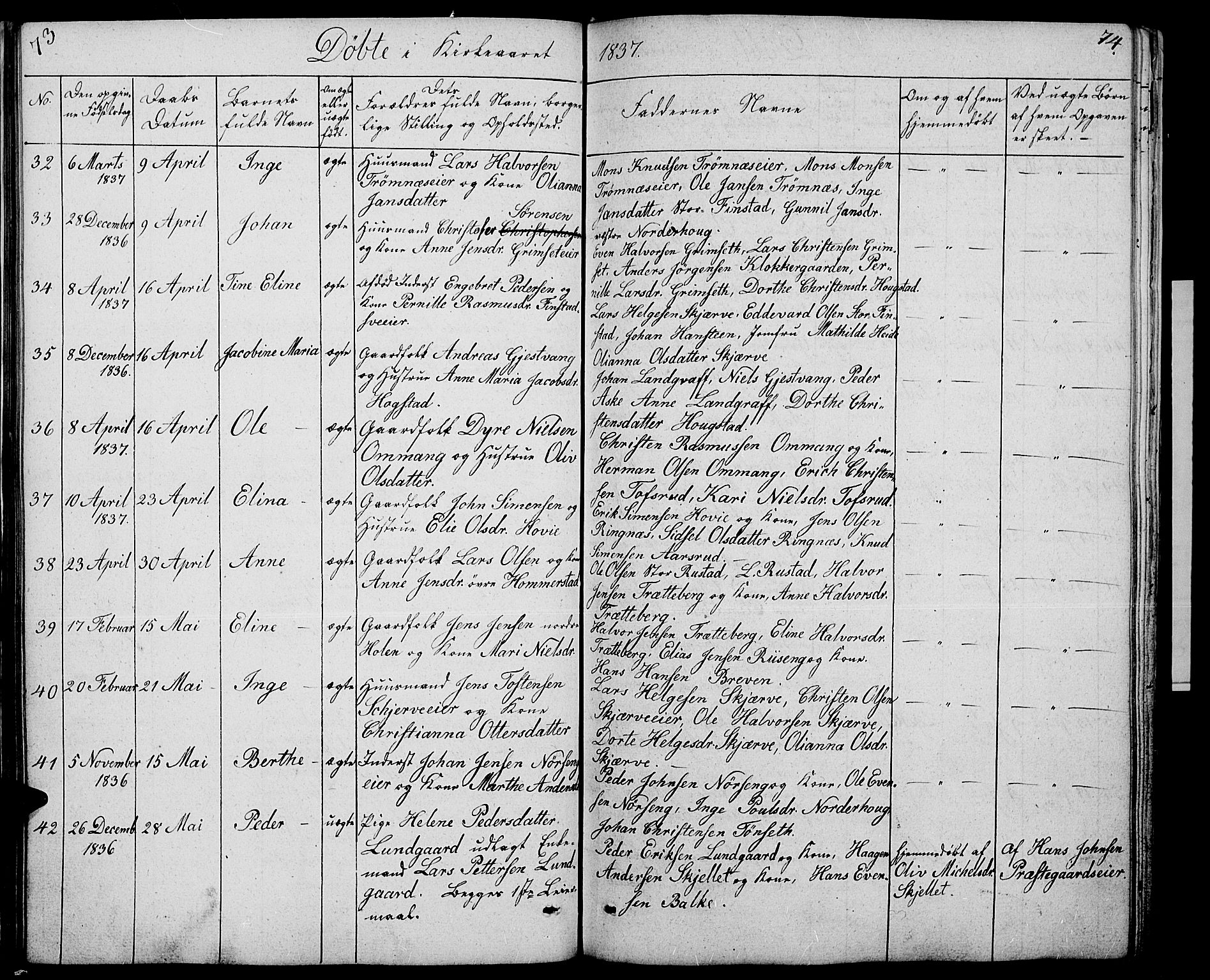 Løten prestekontor, AV/SAH-PREST-022/L/La/L0002: Parish register (copy) no. 2, 1832-1850, p. 73-74