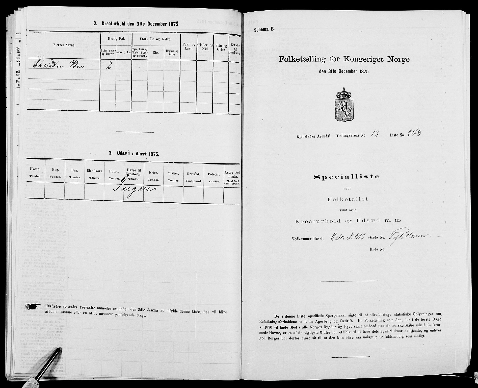 SAK, 1875 census for 0903P Arendal, 1875, p. 581