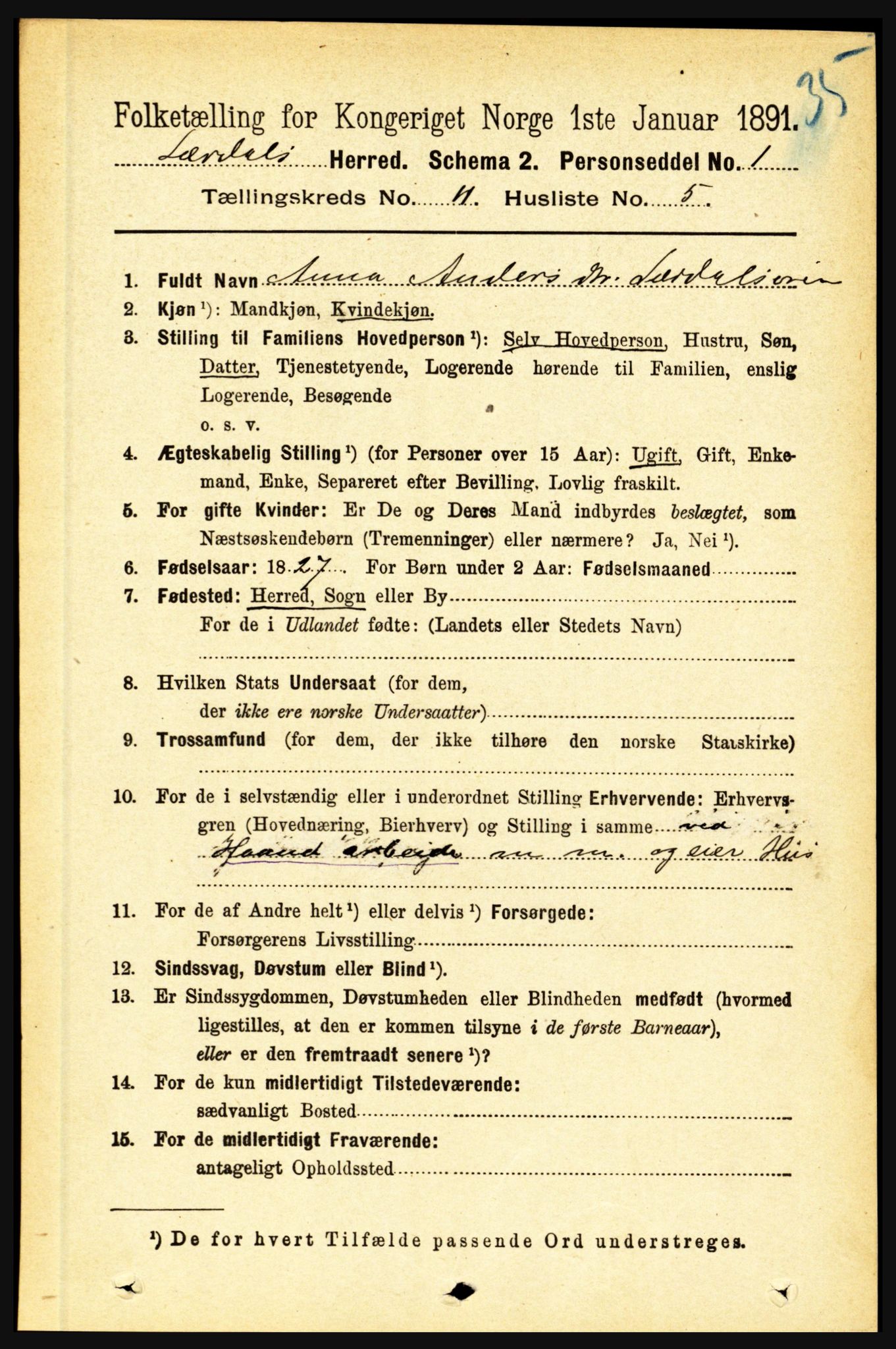 RA, 1891 census for 1422 Lærdal, 1891, p. 2177