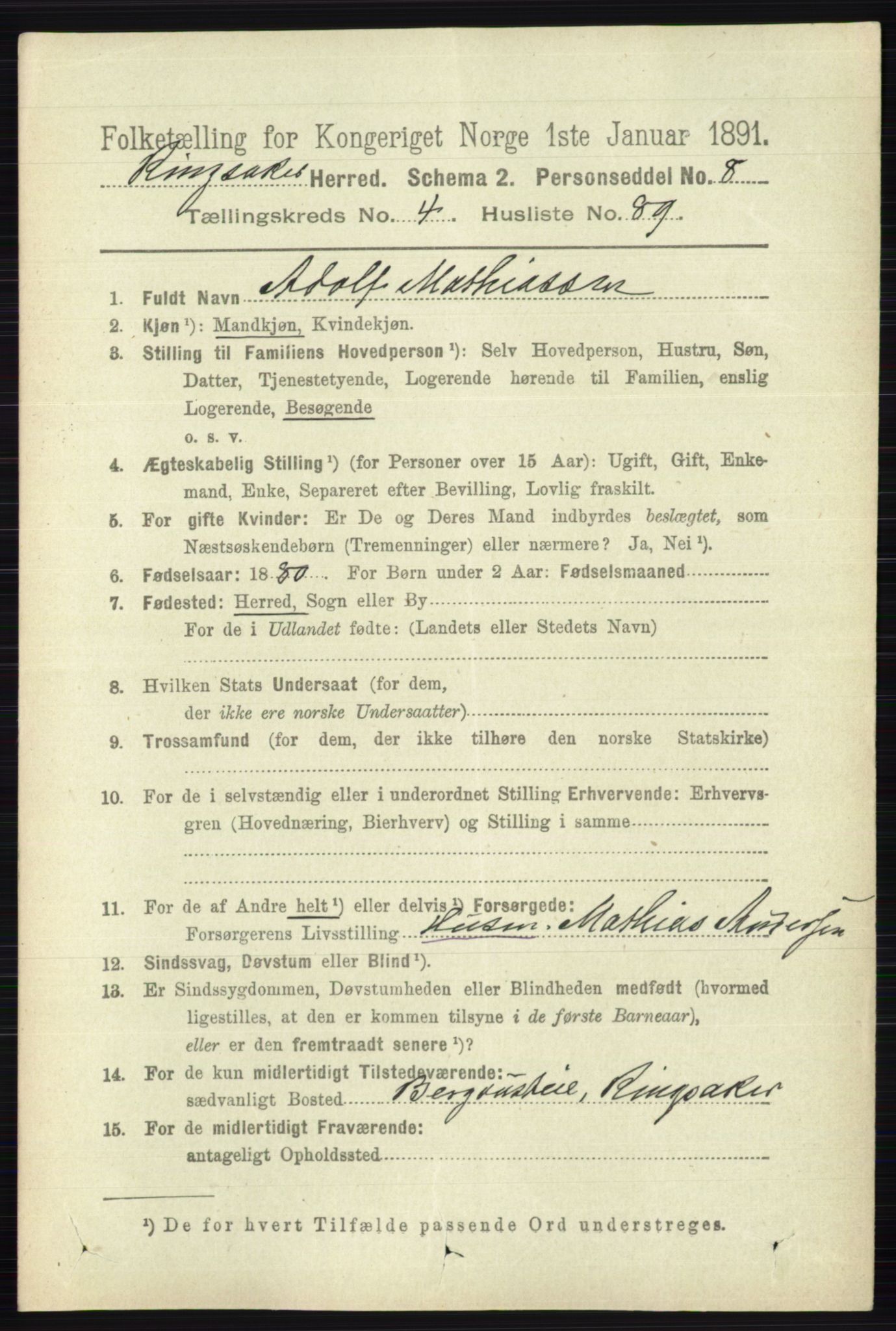 RA, 1891 census for 0412 Ringsaker, 1891, p. 2291