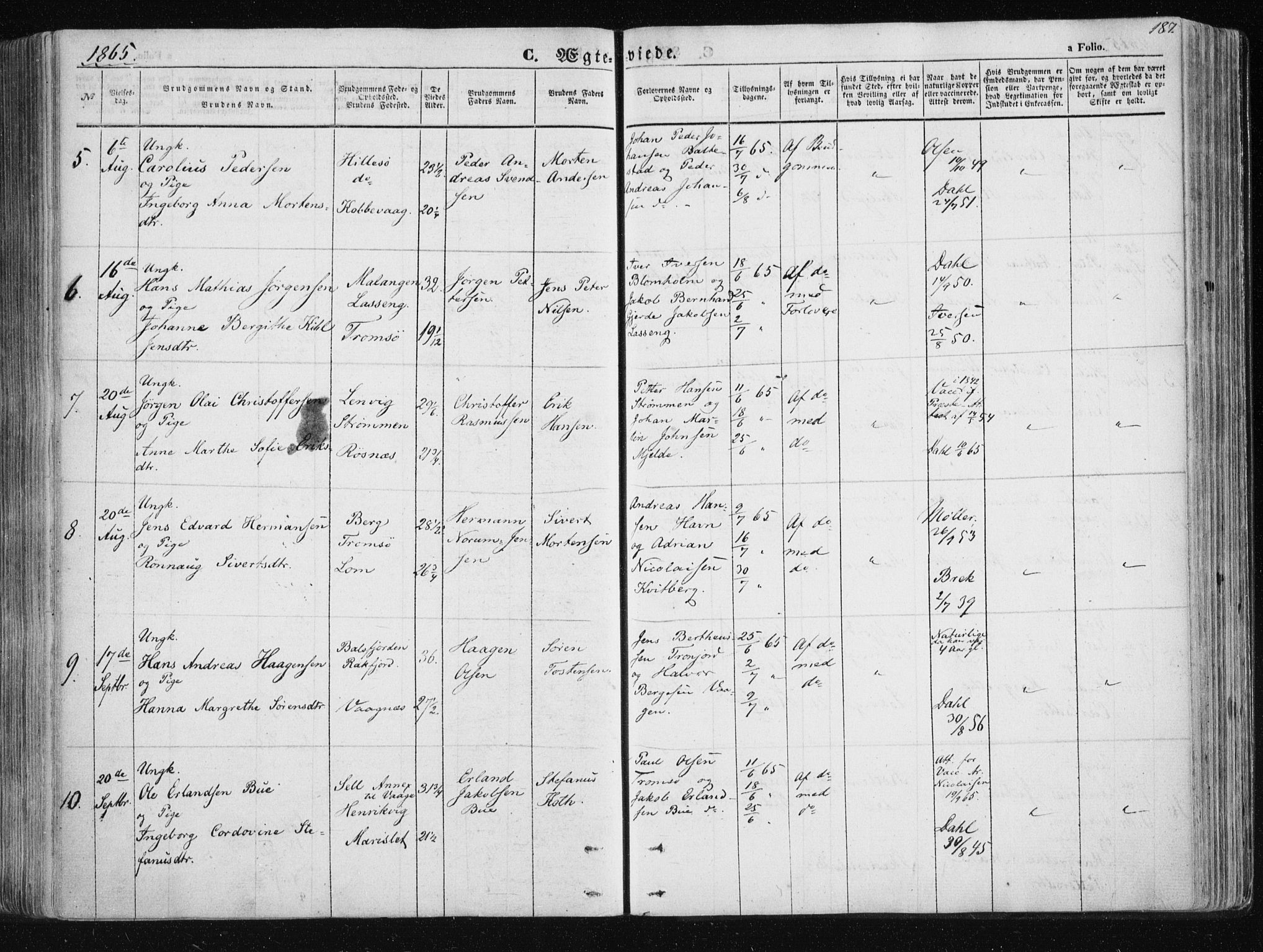 Tromsøysund sokneprestkontor, AV/SATØ-S-1304/G/Ga/L0001kirke: Parish register (official) no. 1, 1856-1867, p. 187