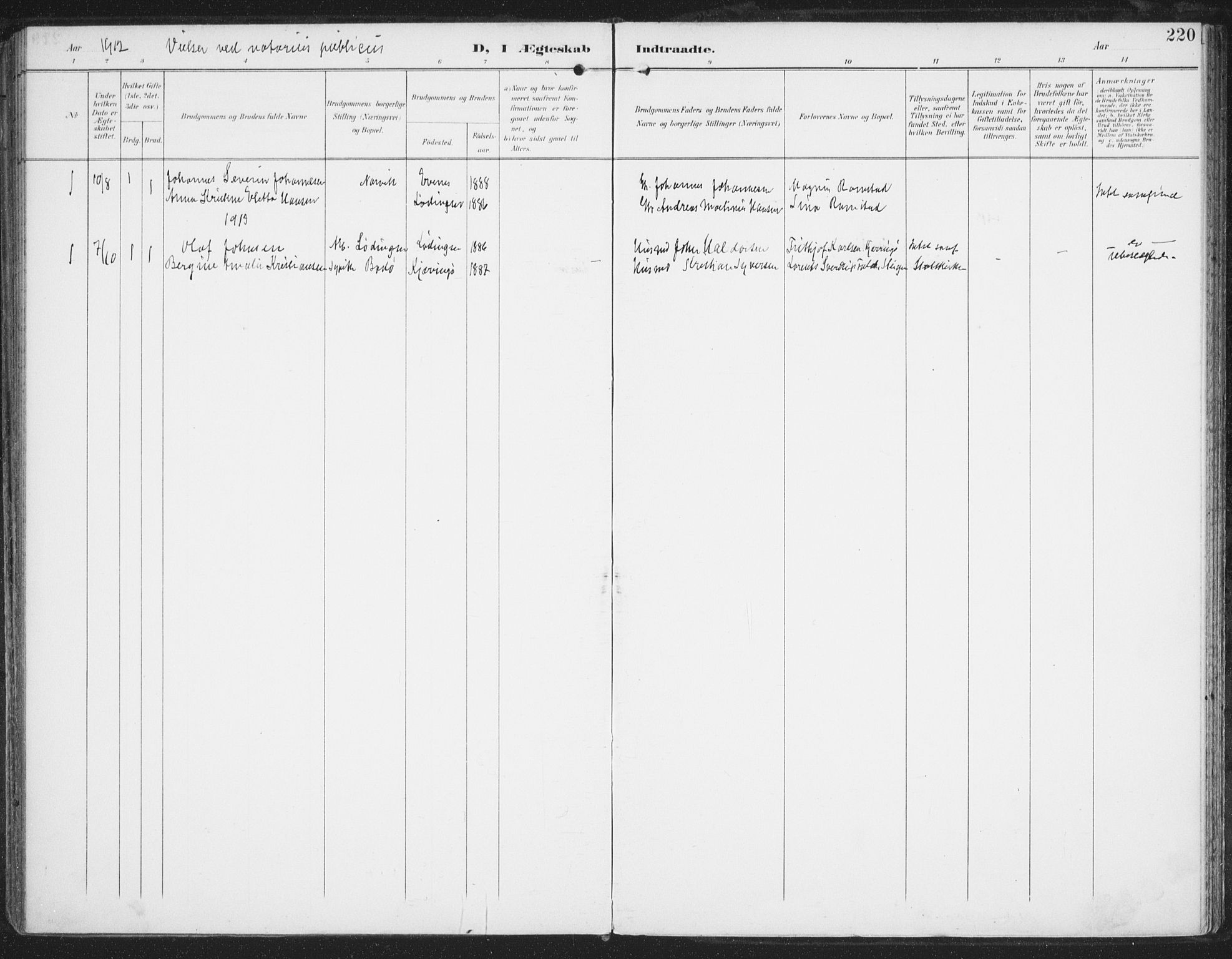 Ministerialprotokoller, klokkerbøker og fødselsregistre - Nordland, AV/SAT-A-1459/872/L1036: Parish register (official) no. 872A11, 1897-1913, p. 220