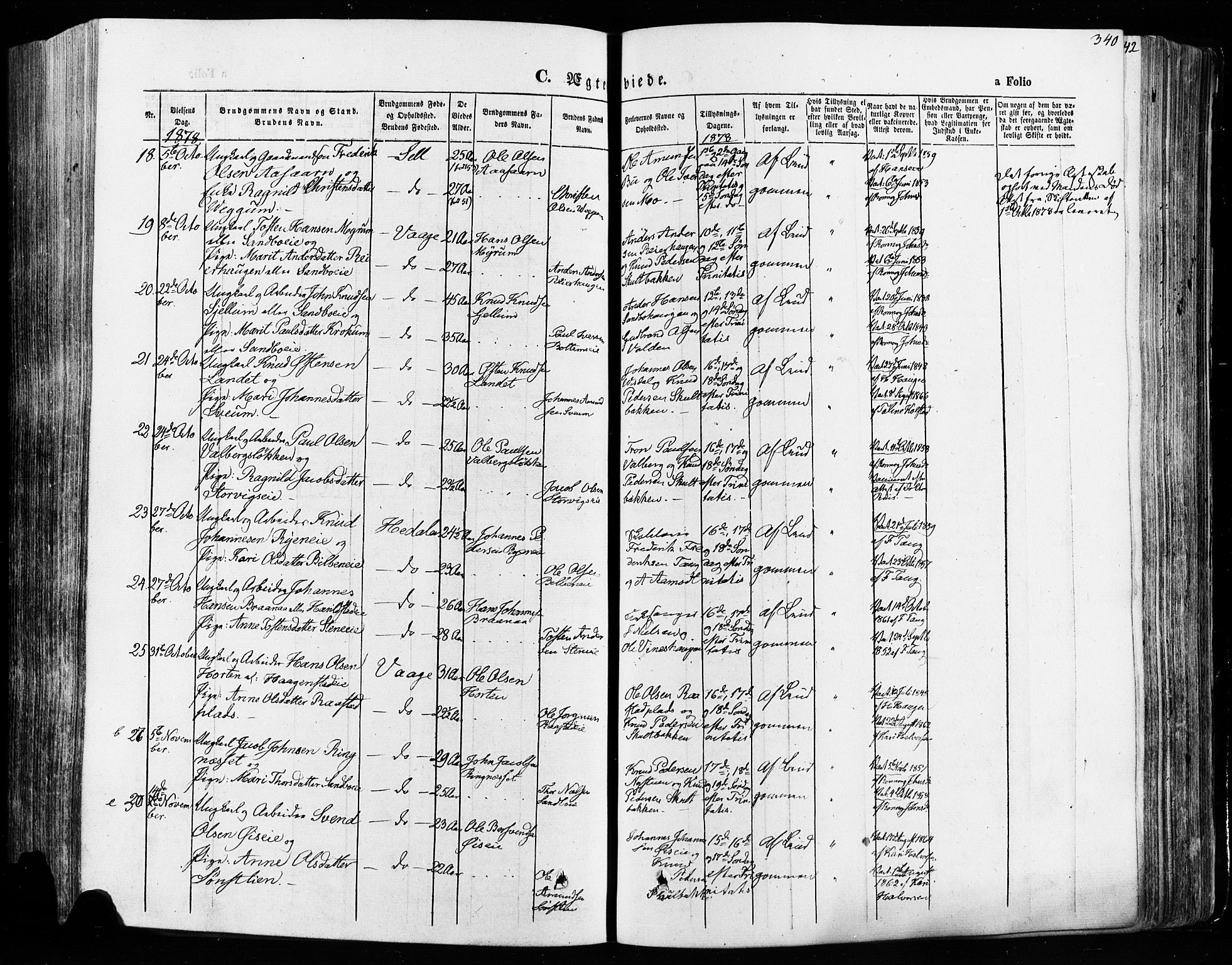 Vågå prestekontor, SAH/PREST-076/H/Ha/Haa/L0007: Parish register (official) no. 7 /1, 1872-1886, p. 340