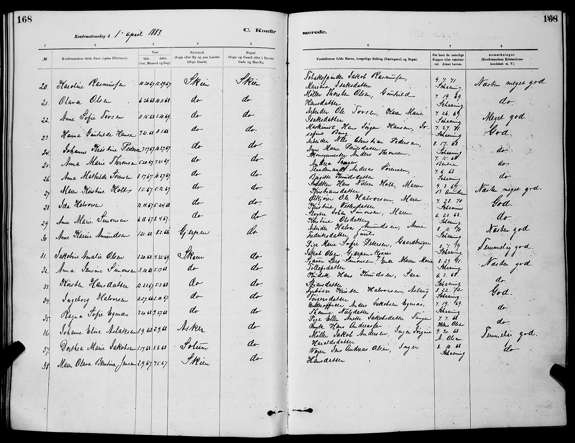 Skien kirkebøker, AV/SAKO-A-302/G/Ga/L0006: Parish register (copy) no. 6, 1881-1890, p. 168