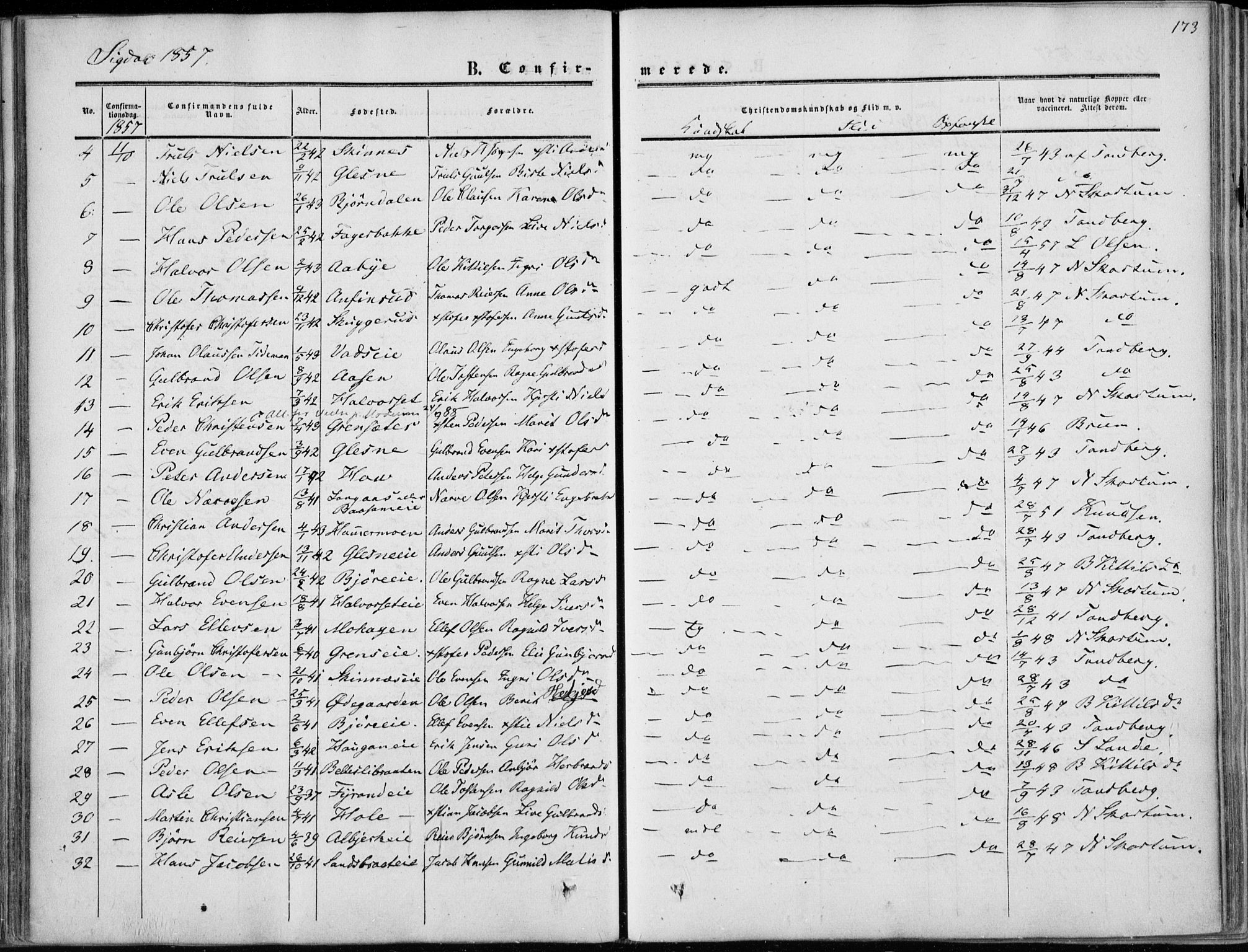 Sigdal kirkebøker, AV/SAKO-A-245/F/Fa/L0008: Parish register (official) no. I 8, 1850-1859, p. 173