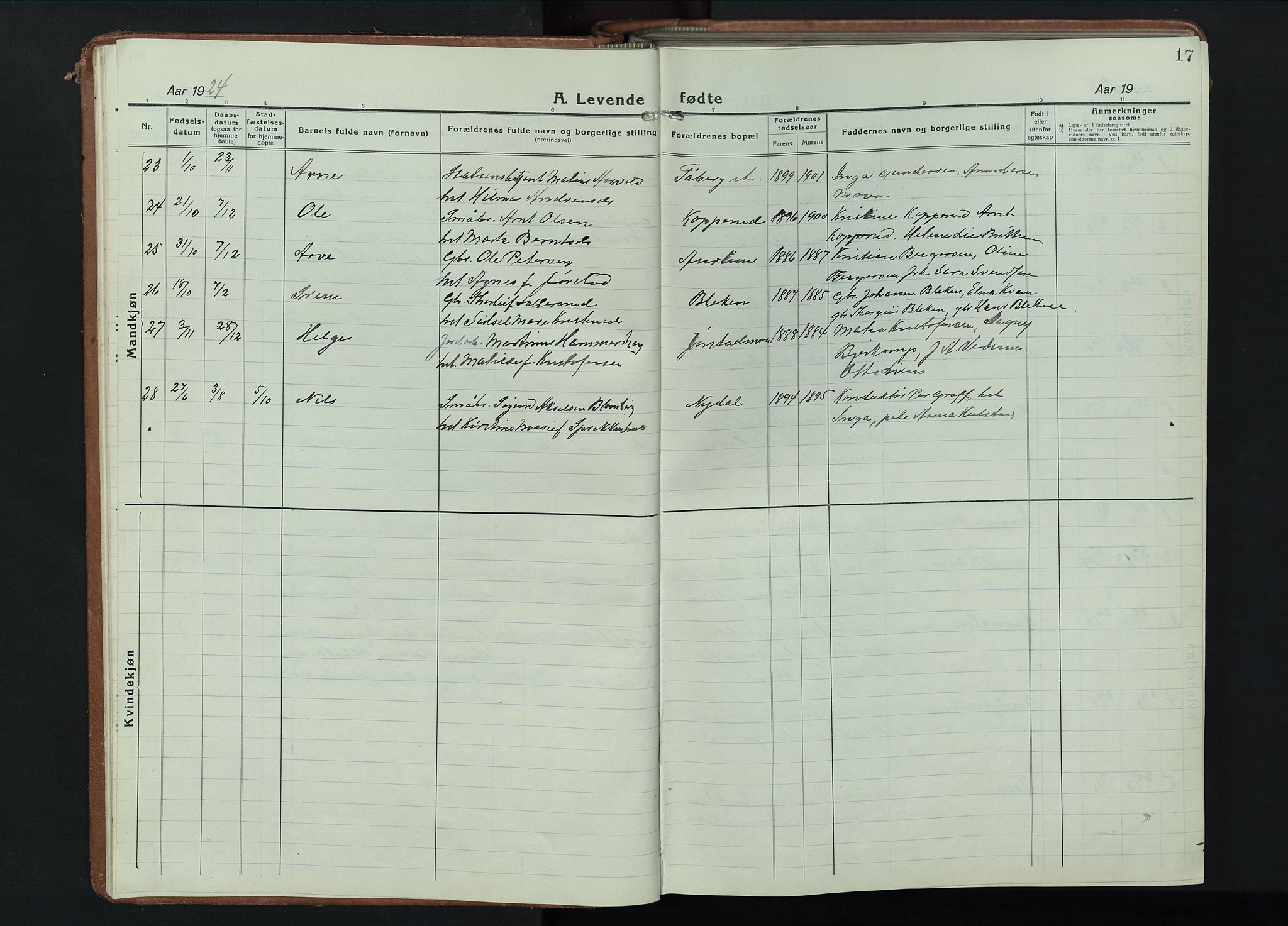 Fåberg prestekontor, AV/SAH-PREST-086/H/Ha/Hab/L0014: Parish register (copy) no. 14, 1922-1946, p. 17