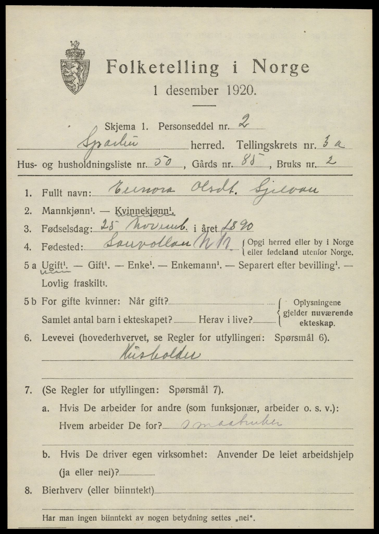 SAT, 1920 census for Sparbu, 1920, p. 4825