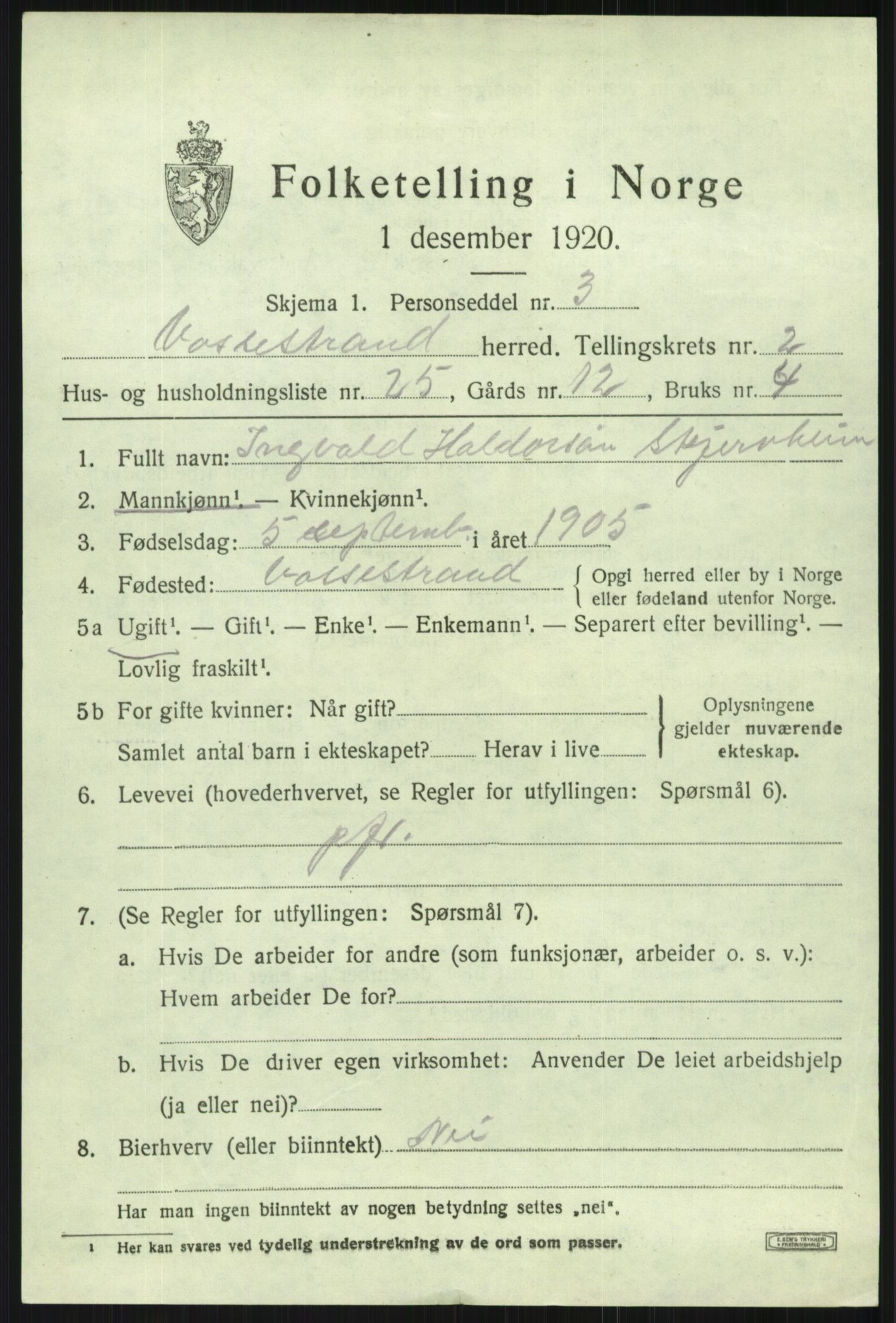 SAB, 1920 census for Vossestrand, 1920, p. 1430