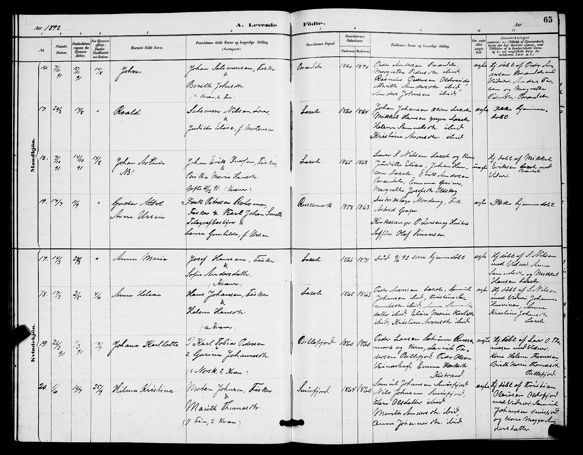 Kistrand/Porsanger sokneprestembete, AV/SATØ-S-1351/H/Hb/L0004.klokk: Parish register (copy) no. 4, 1885-1894, p. 65