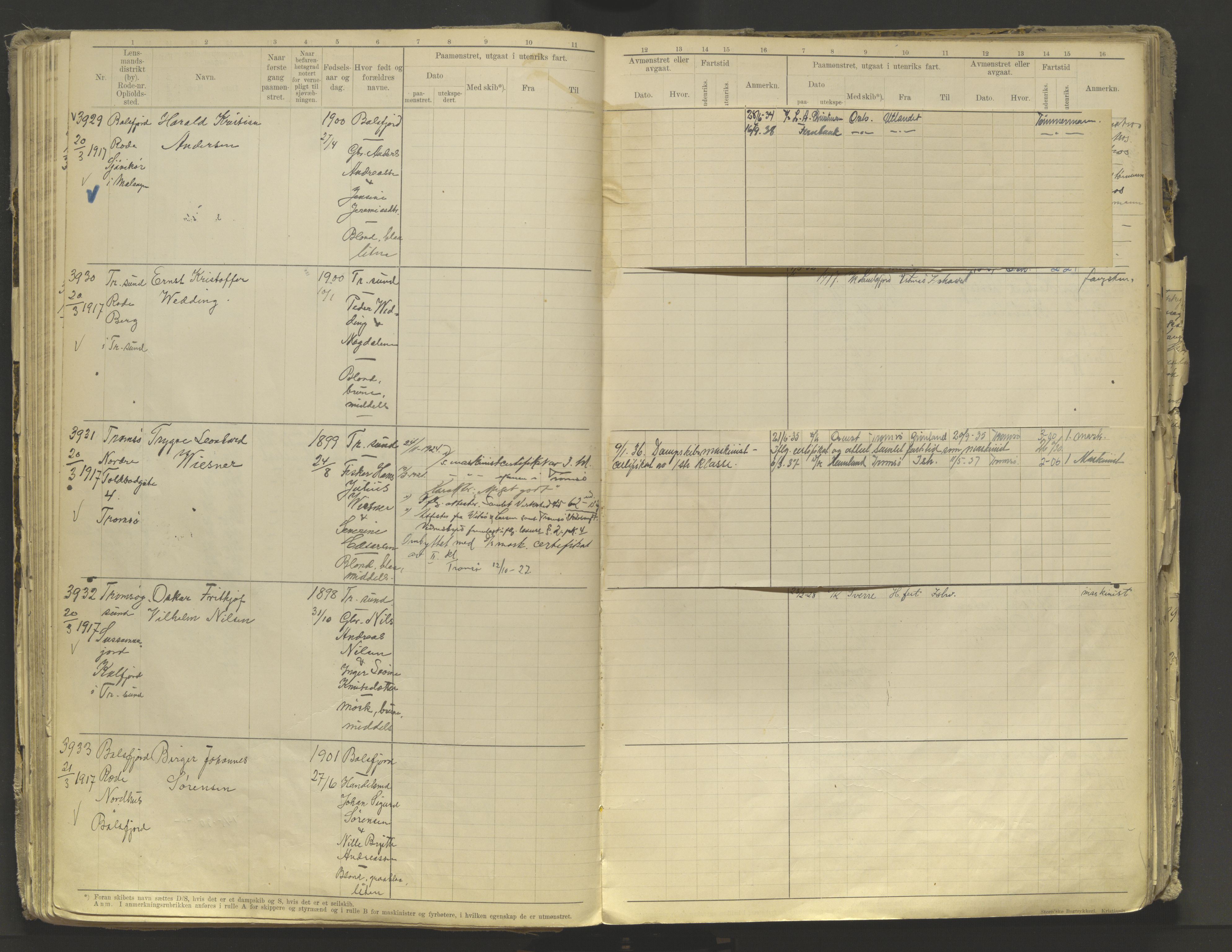 Tromsø sjømannskontor/innrullerings-/mønstringsdistrikt, AV/SATØ-S-0243/F/Fb/L0010: Annotasjonsrulle. Defekt: løs innbinding. Nr. 3519-4972, 1916-1920