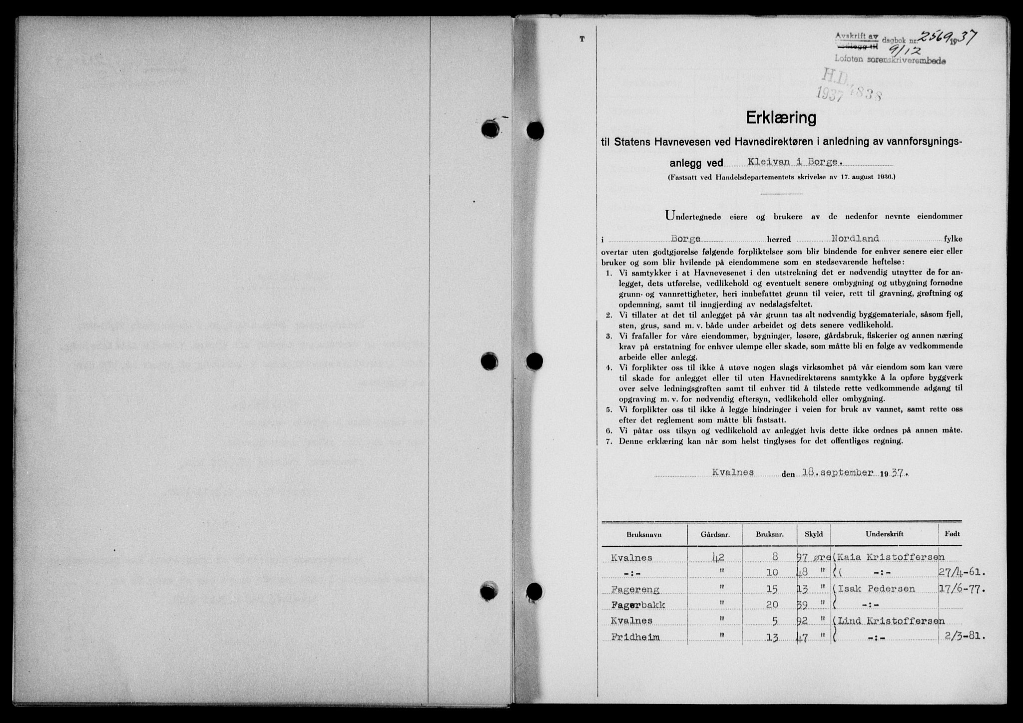 Lofoten sorenskriveri, SAT/A-0017/1/2/2C/L0003a: Mortgage book no. 3a, 1937-1938, Diary no: : 2569/1937