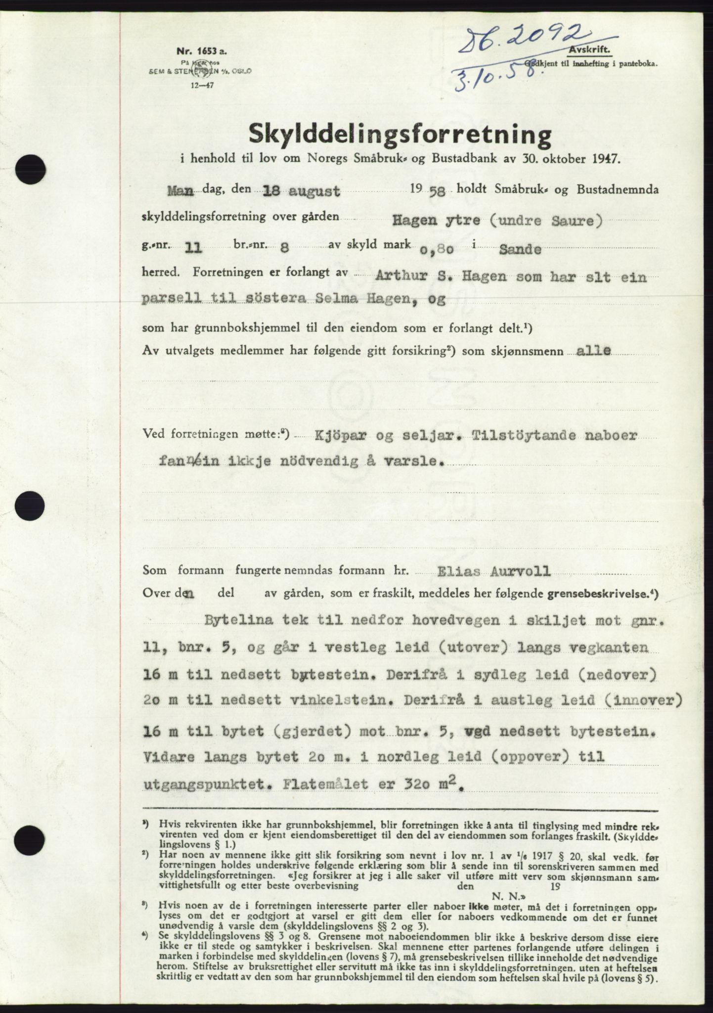 Søre Sunnmøre sorenskriveri, AV/SAT-A-4122/1/2/2C/L0110: Mortgage book no. 36A, 1958-1958, Diary no: : 2092/1958