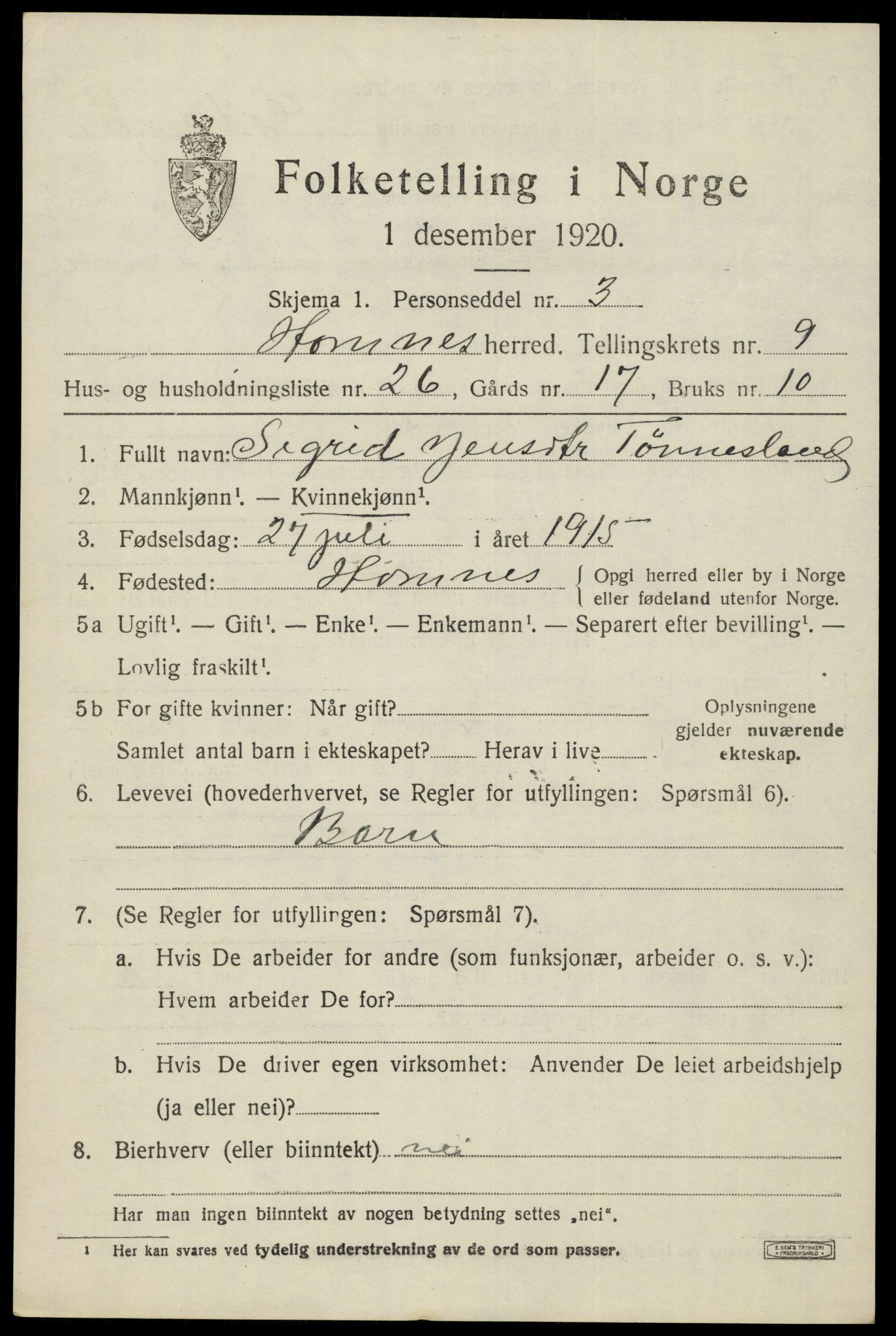 SAK, 1920 census for Hornnes, 1920, p. 2501