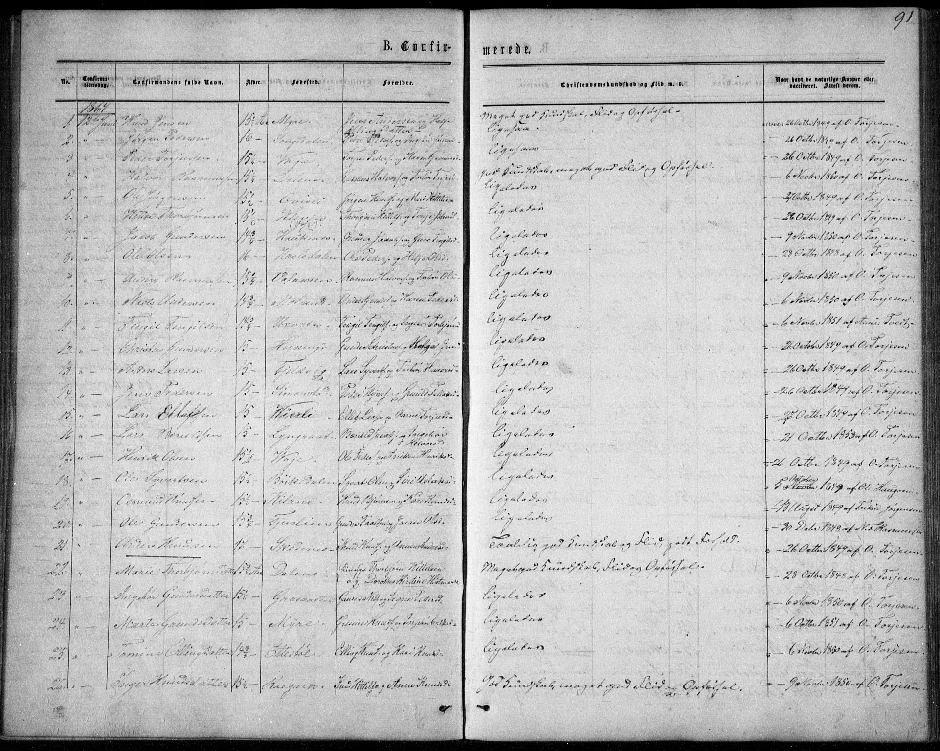 Gjerstad sokneprestkontor, AV/SAK-1111-0014/F/Fb/Fbb/L0003: Parish register (copy) no. B 3, 1862-1889, p. 91