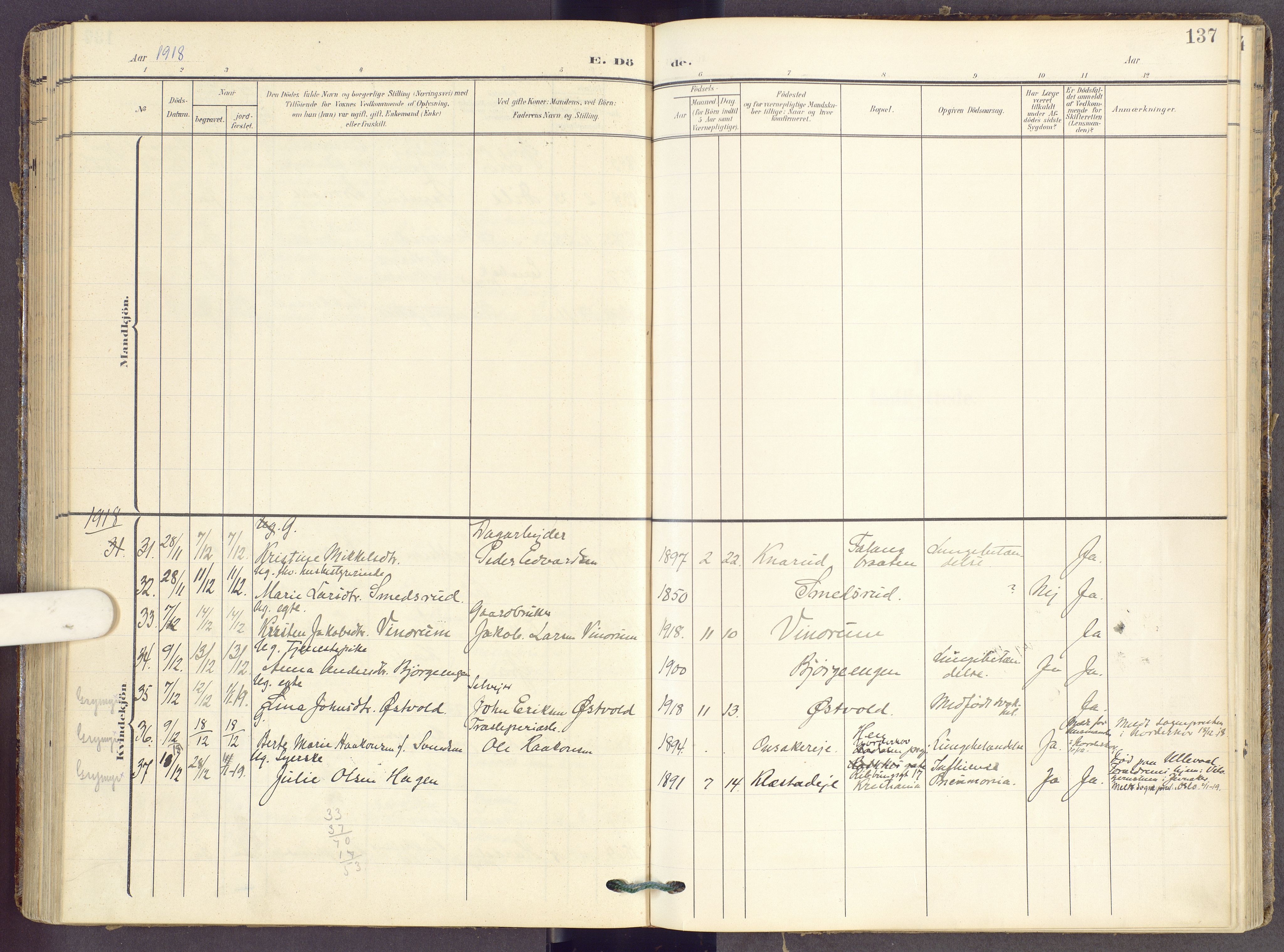 Gran prestekontor, SAH/PREST-112/H/Ha/Haa/L0022: Parish register (official) no. 22, 1908-1918, p. 137