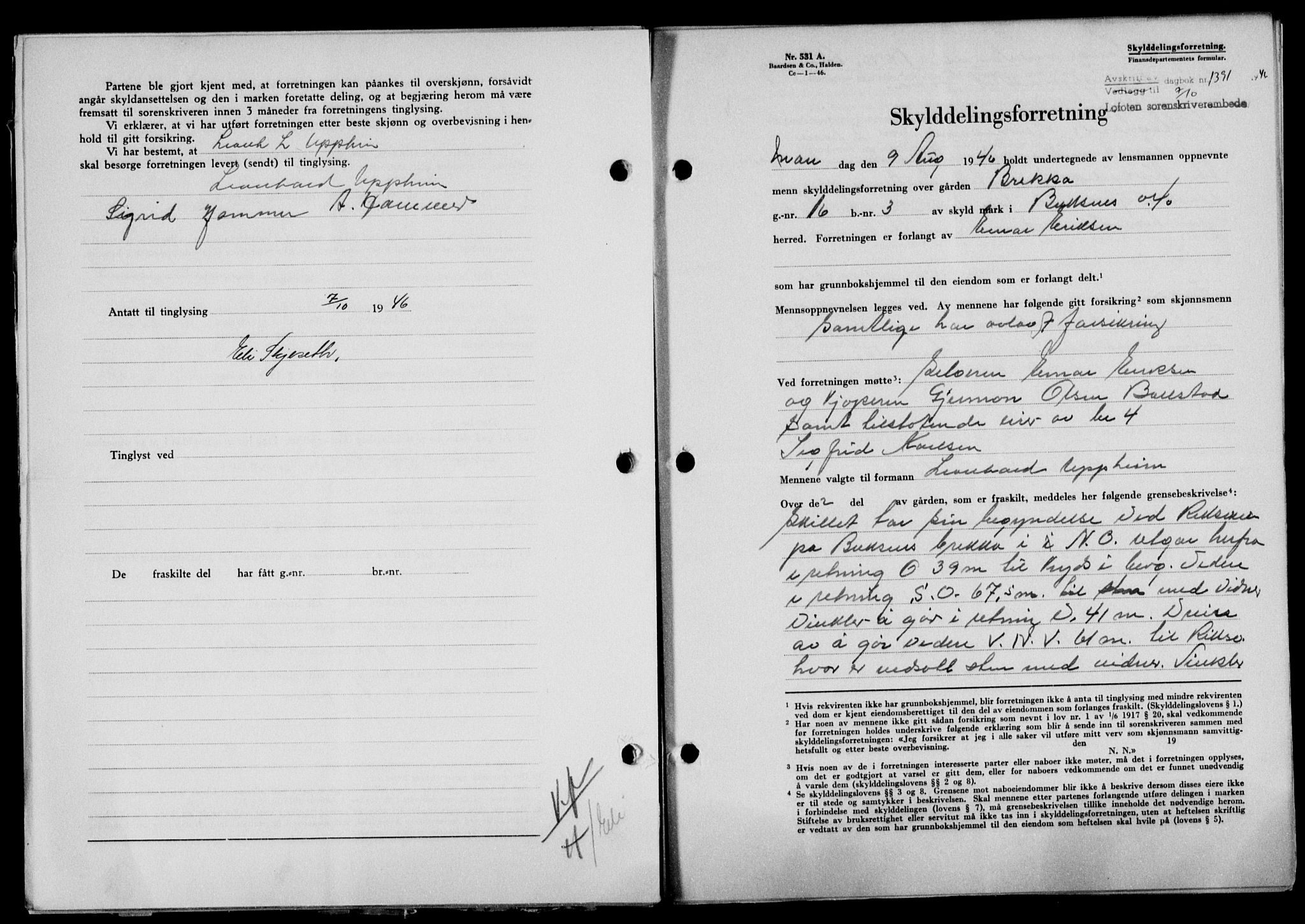 Lofoten sorenskriveri, SAT/A-0017/1/2/2C/L0014a: Mortgage book no. 14a, 1946-1946, Diary no: : 1391/1946