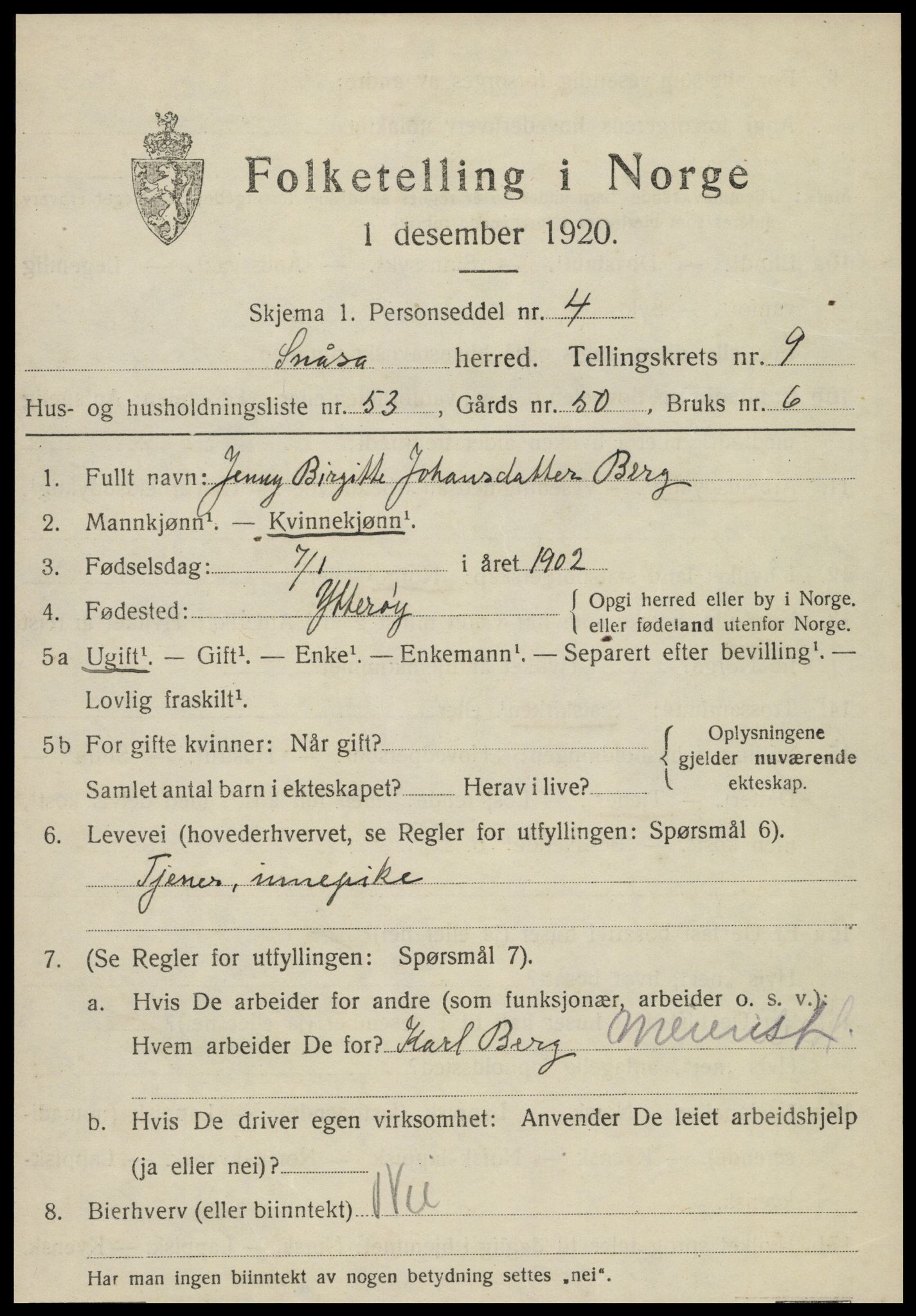SAT, 1920 census for Snåsa, 1920, p. 4262