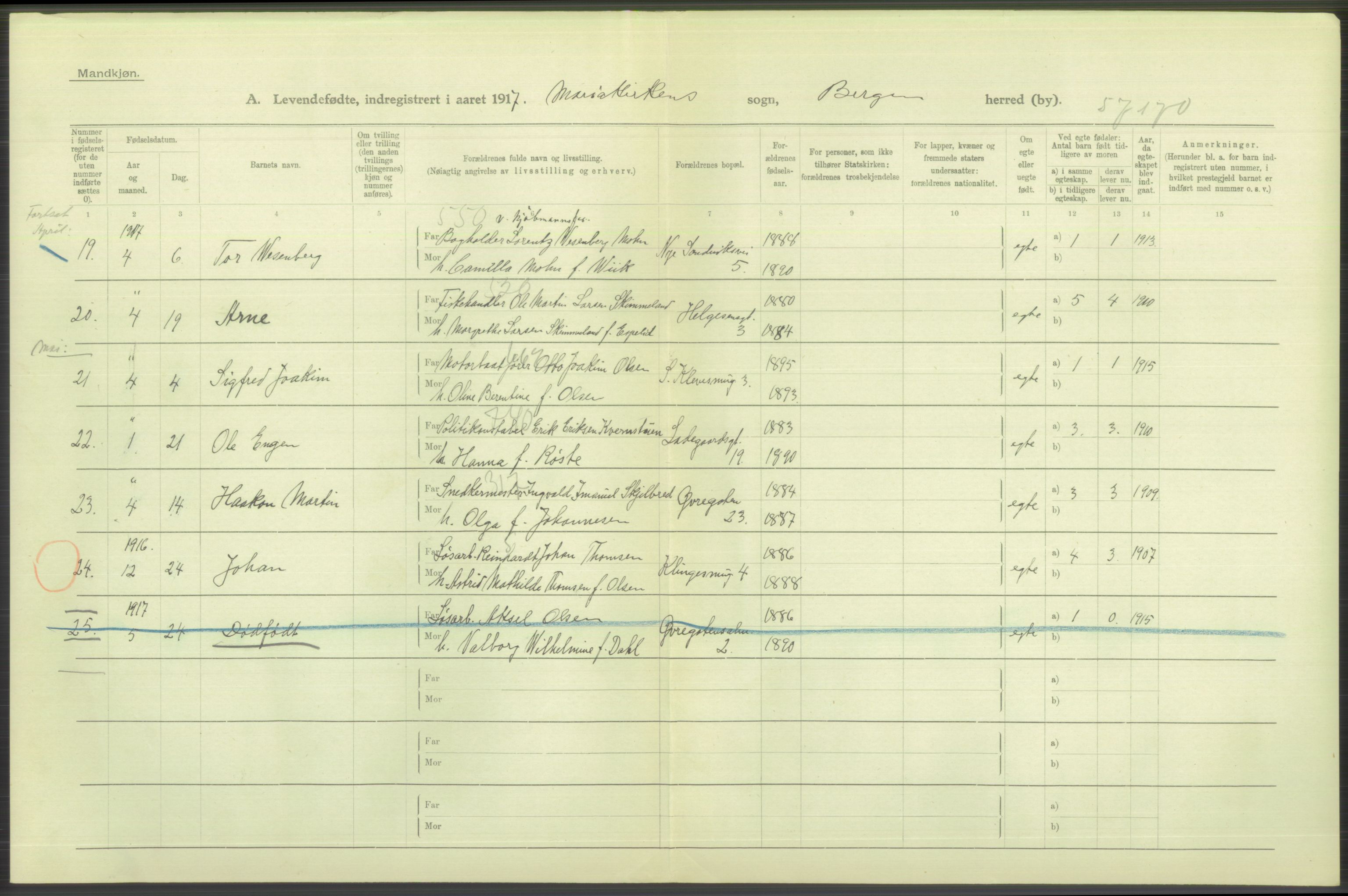 Statistisk sentralbyrå, Sosiodemografiske emner, Befolkning, AV/RA-S-2228/D/Df/Dfb/Dfbg/L0037: Bergen: Levendefødte menn og kvinner., 1917, p. 402