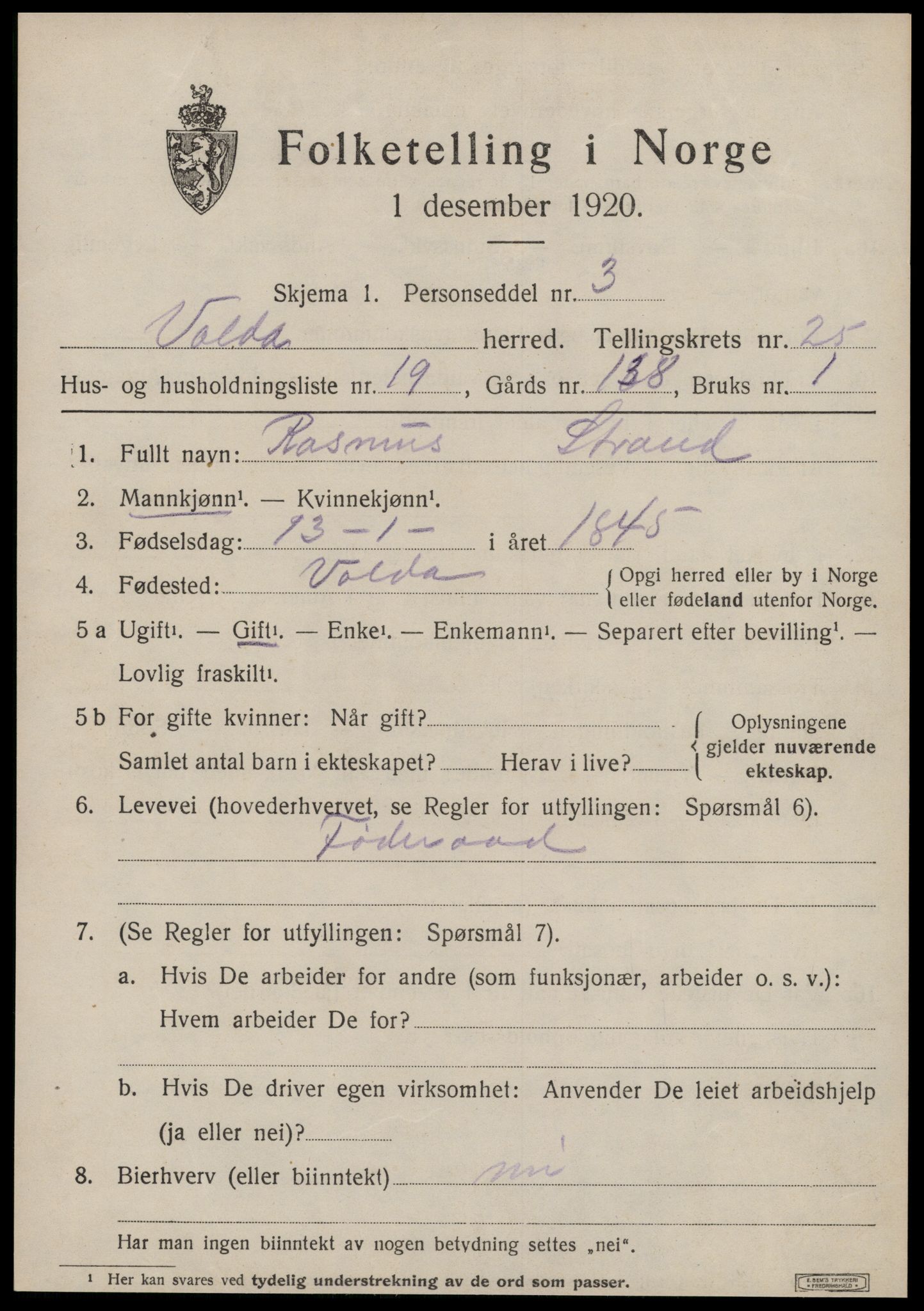 SAT, 1920 census for Volda, 1920, p. 12384