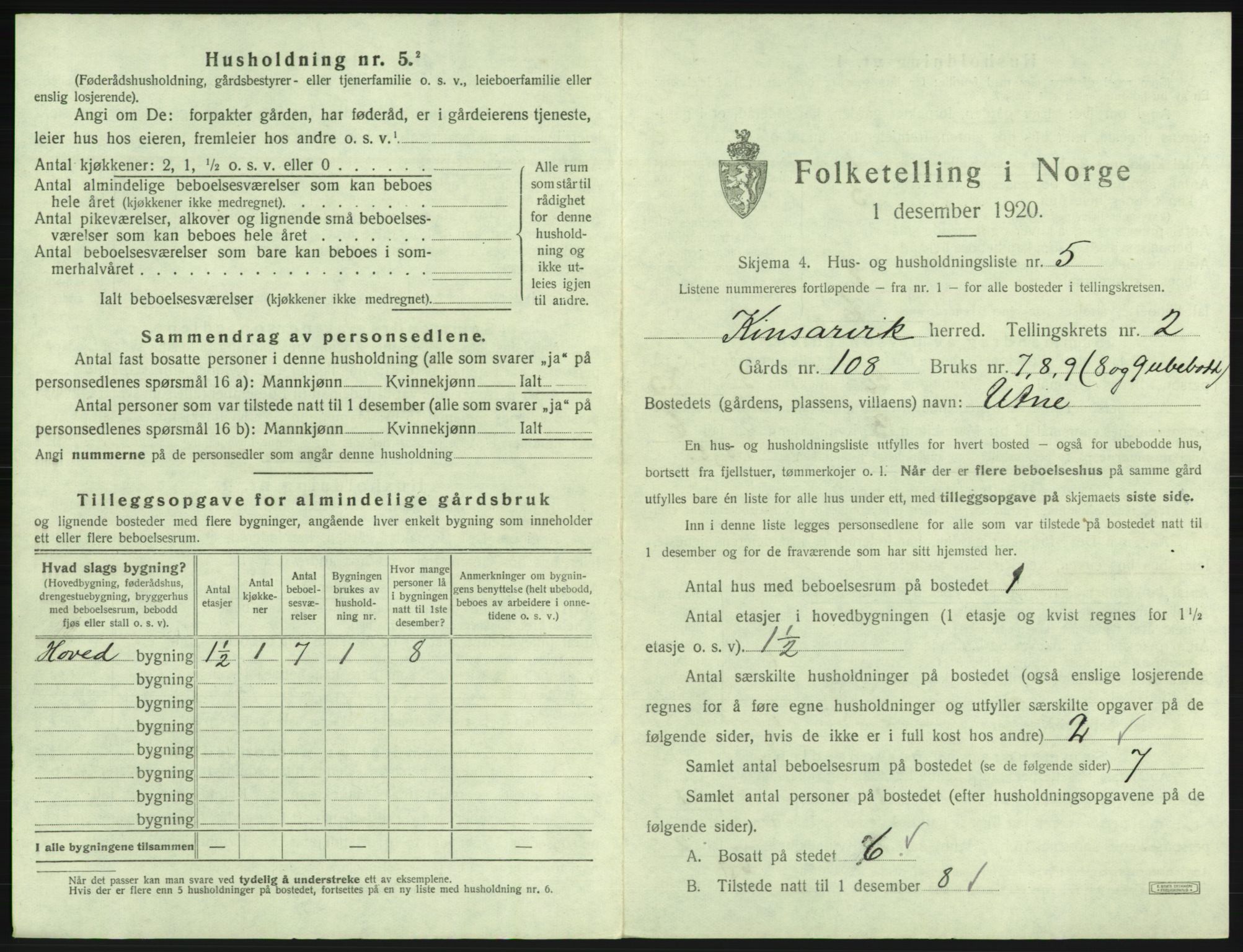 SAB, 1920 census for Kinsarvik, 1920, p. 142