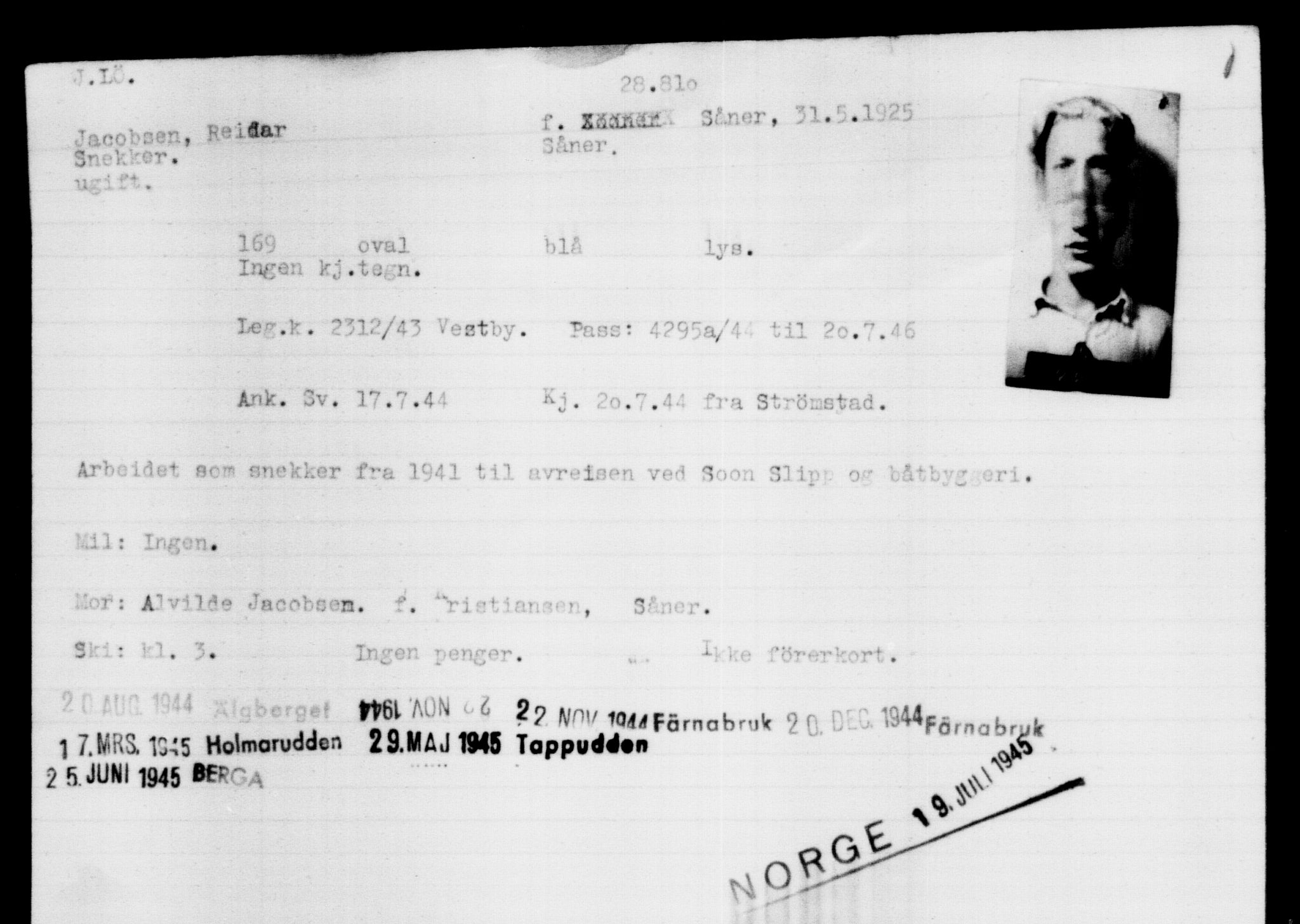 Utenriksstasjonene, Legasjonen i Stockholm, Flyktningkontoret, AV/RA-S-6753/V/Va/L0012: Kjesäterkartoteket, flyktninger med registreringsnr. 28300-31566, 1940-1945, p. 552