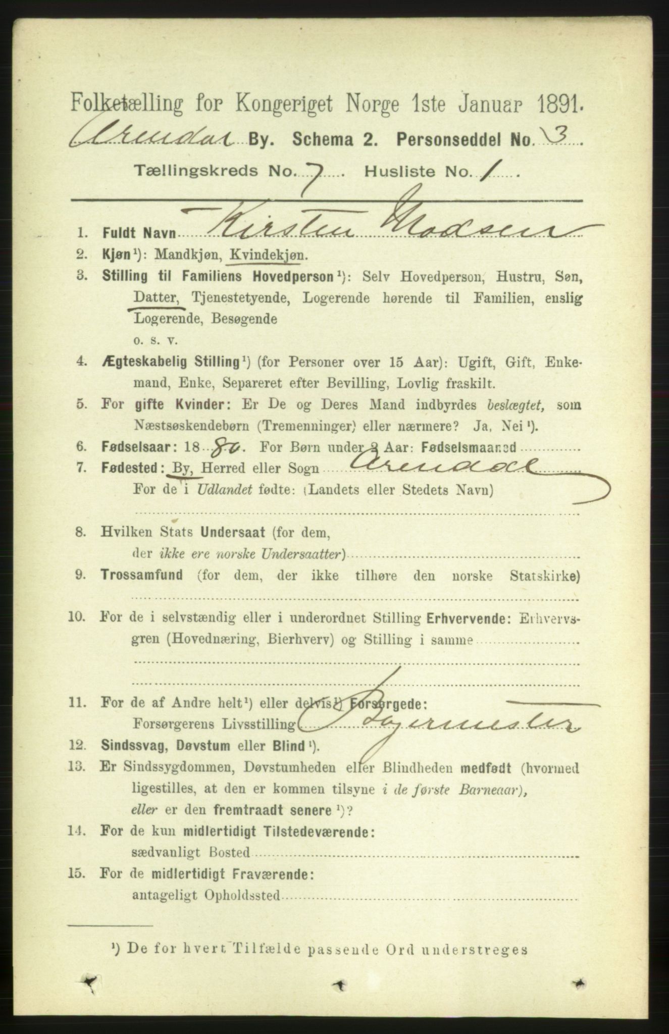 RA, 1891 census for 0903 Arendal, 1891, p. 2530