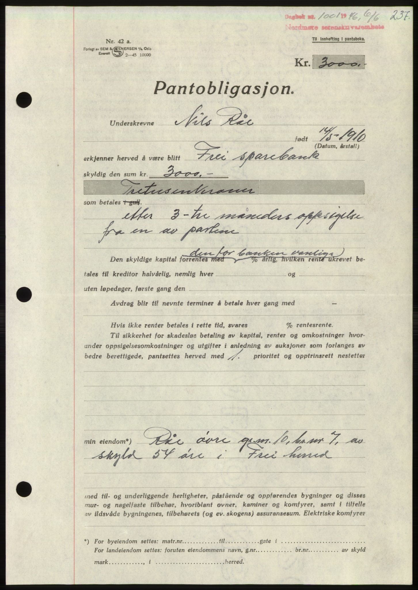 Nordmøre sorenskriveri, AV/SAT-A-4132/1/2/2Ca: Mortgage book no. B94, 1946-1946, Diary no: : 1001/1946