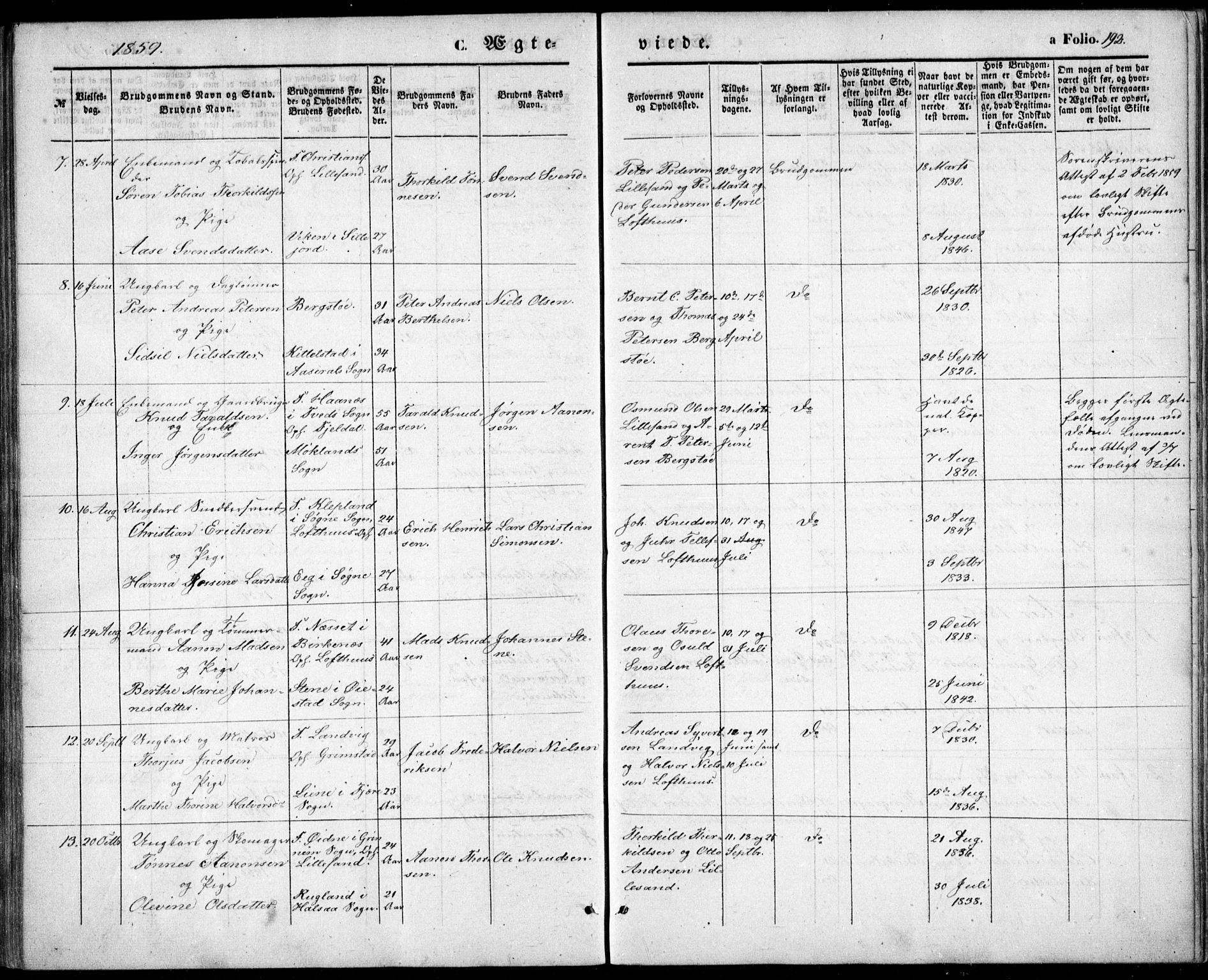 Vestre Moland sokneprestkontor, AV/SAK-1111-0046/F/Fb/Fbb/L0003: Parish register (copy) no. B 3, 1851-1861, p. 192