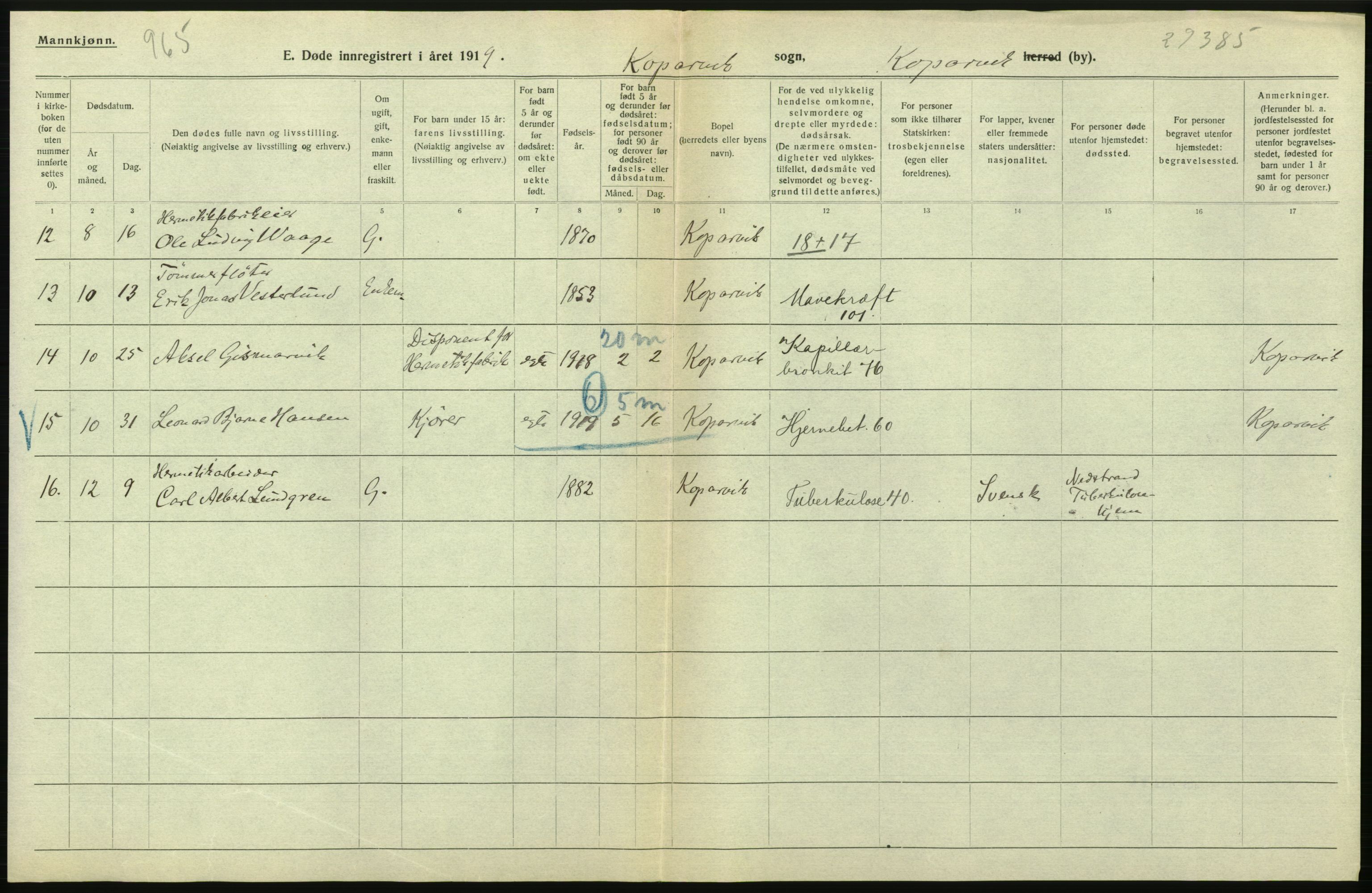 Statistisk sentralbyrå, Sosiodemografiske emner, Befolkning, RA/S-2228/D/Df/Dfb/Dfbi/L0030: Rogaland fylke: Døde. Bygder og byer., 1919, p. 452