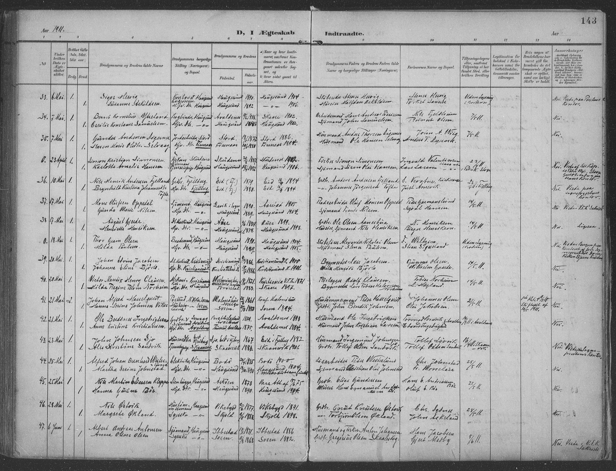 Haugesund sokneprestkontor, AV/SAST-A -101863/H/Ha/Haa/L0007: Parish register (official) no. A 7, 1904-1916, p. 143