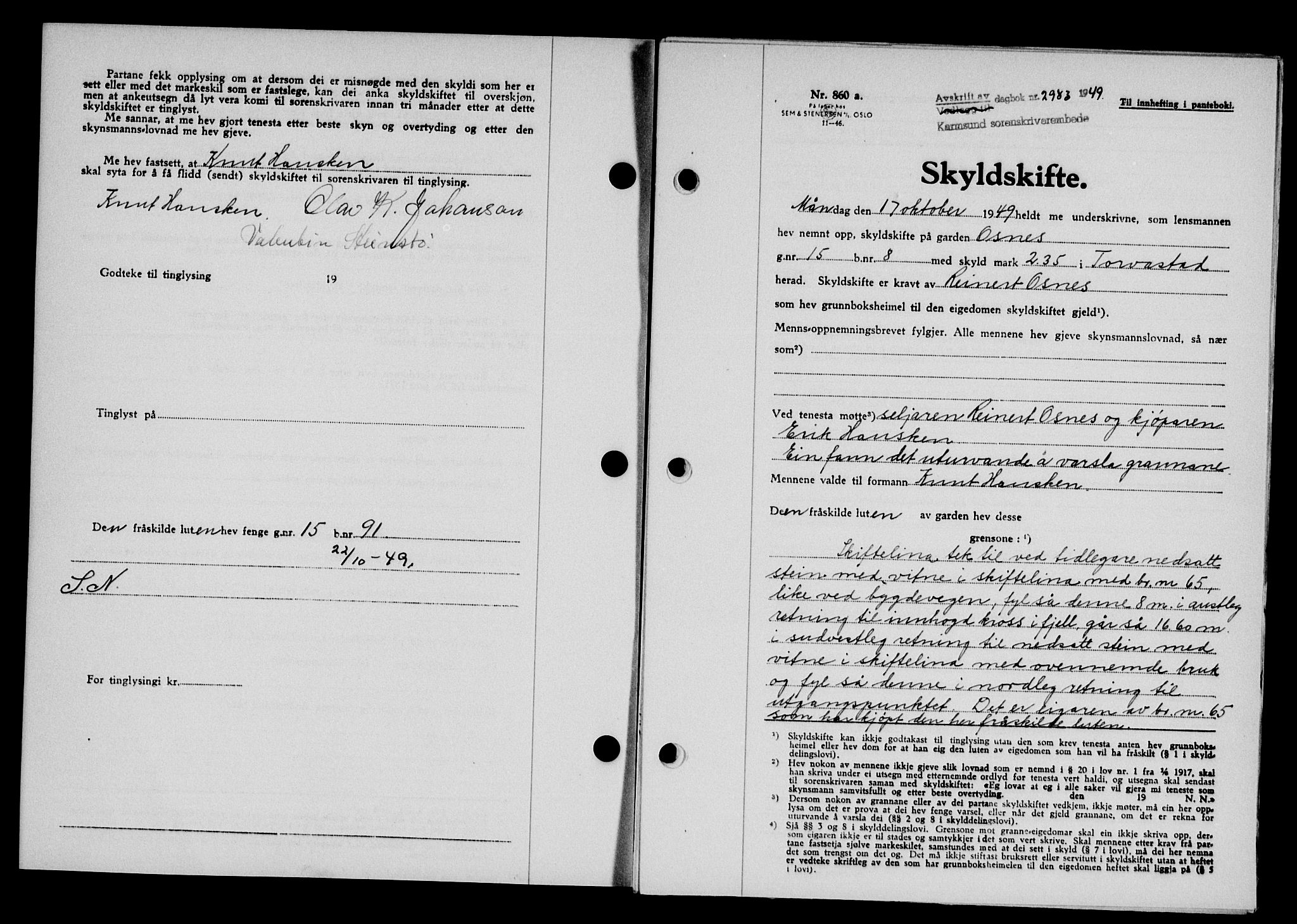 Karmsund sorenskriveri, AV/SAST-A-100311/01/II/IIB/L0098: Mortgage book no. 78A, 1949-1950, Diary no: : 2983/1949