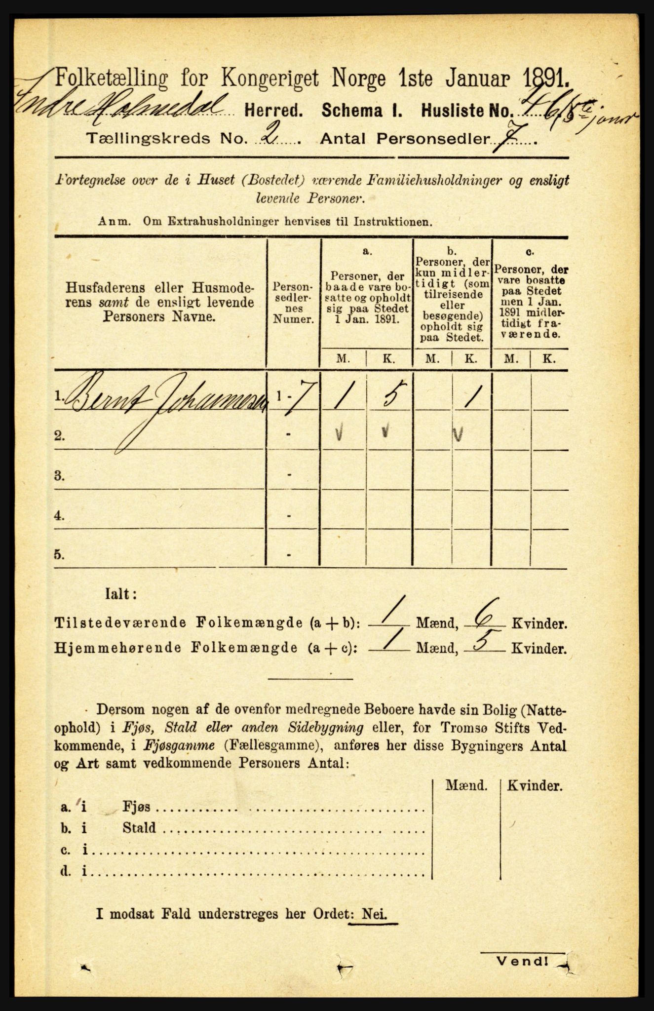 RA, 1891 census for 1430 Indre Holmedal, 1891, p. 447