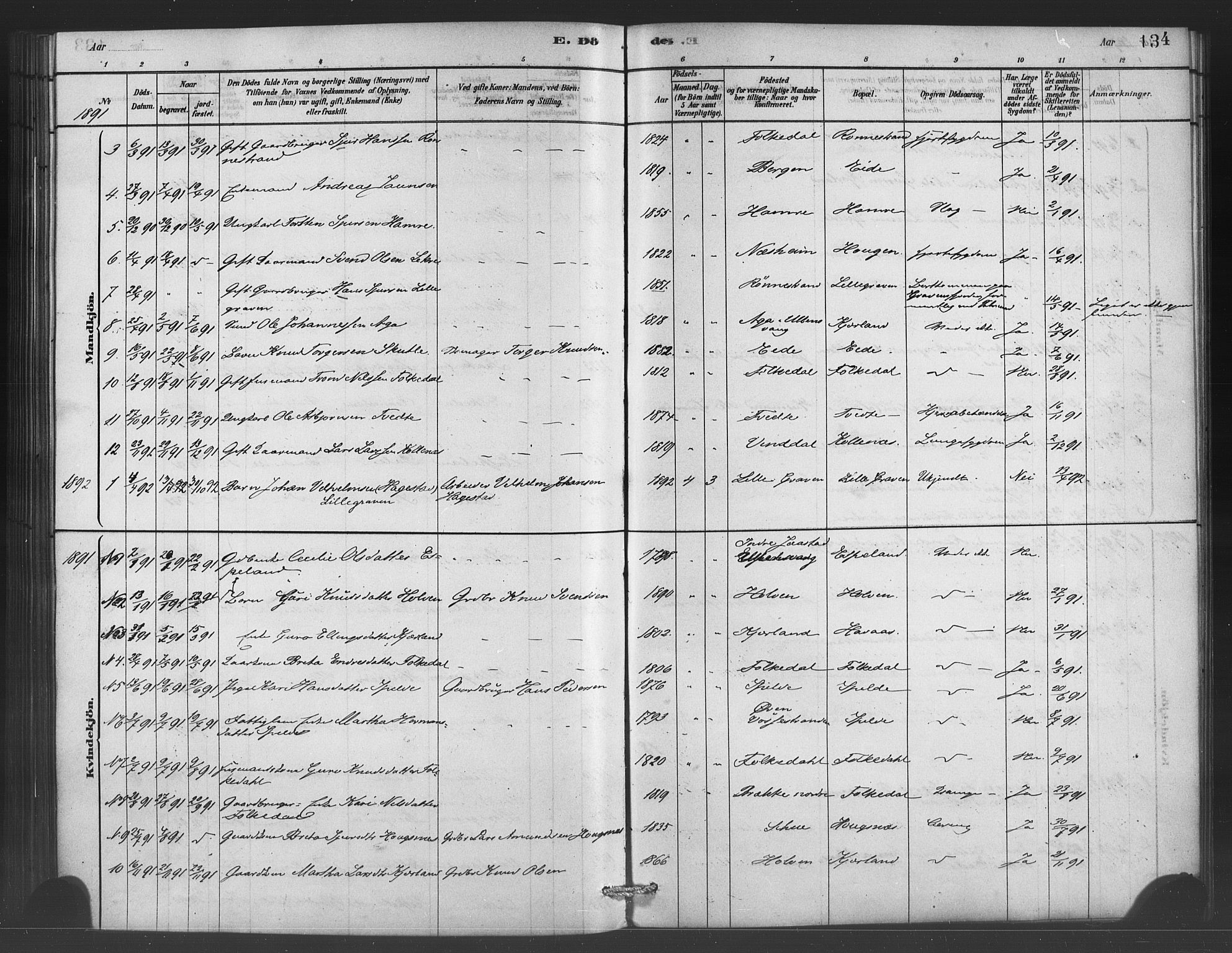 Ulvik sokneprestembete, SAB/A-78801/H/Haa: Parish register (official) no. C 1, 1878-1903, p. 134