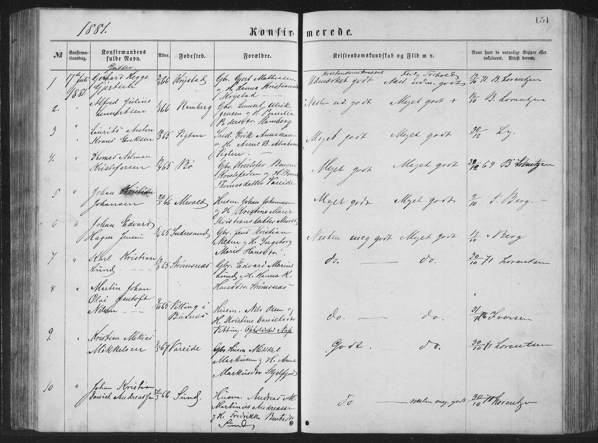 Ministerialprotokoller, klokkerbøker og fødselsregistre - Nordland, SAT/A-1459/885/L1213: Parish register (copy) no. 885C02, 1874-1892, p. 151