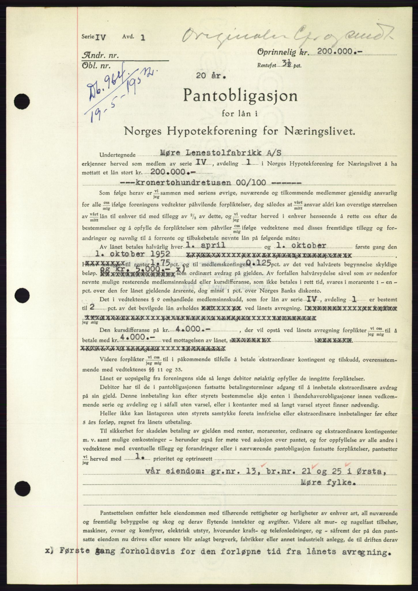 Søre Sunnmøre sorenskriveri, AV/SAT-A-4122/1/2/2C/L0121: Mortgage book no. 9B, 1951-1952, Diary no: : 964/1952