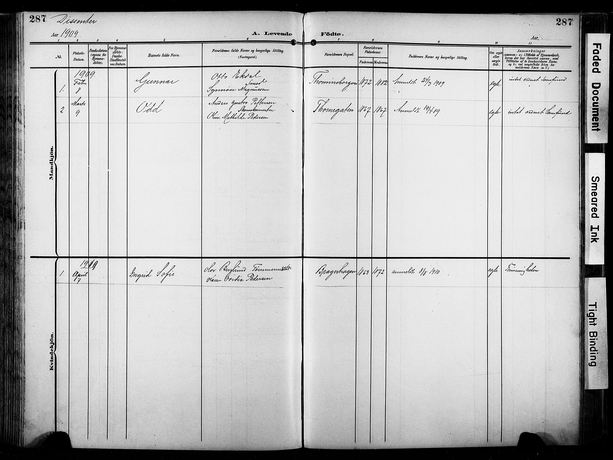 Bragernes kirkebøker, SAKO/A-6/F/Fb/L0009: Parish register (official) no. II 9, 1902-1911, p. 287