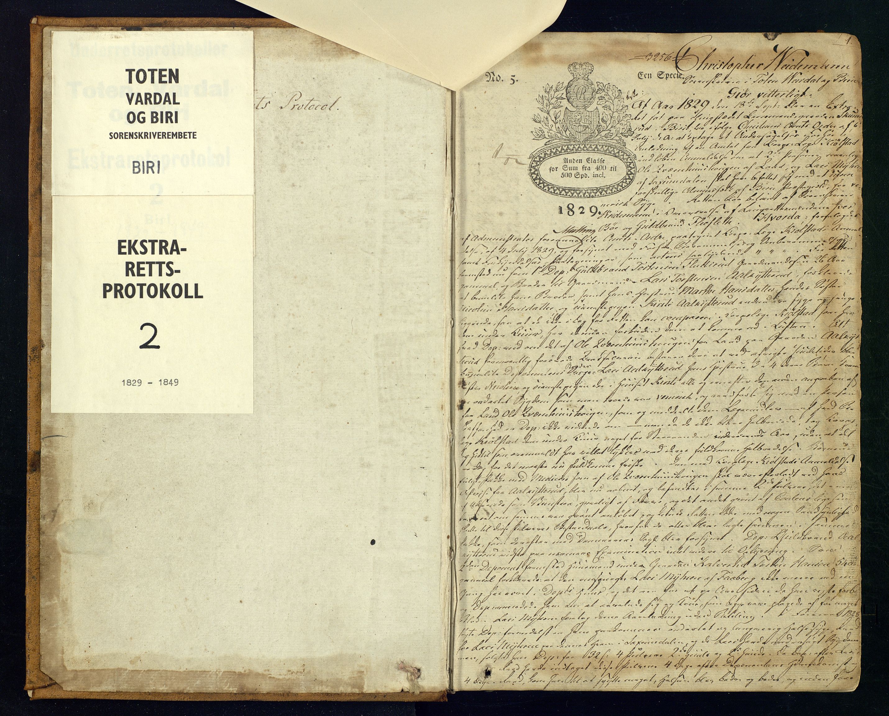 Toten tingrett, SAH/TING-006/G/Gc/Gca/L0002: Ekstrarettsprotokoll - Biri, 1829-1849, p. 1a