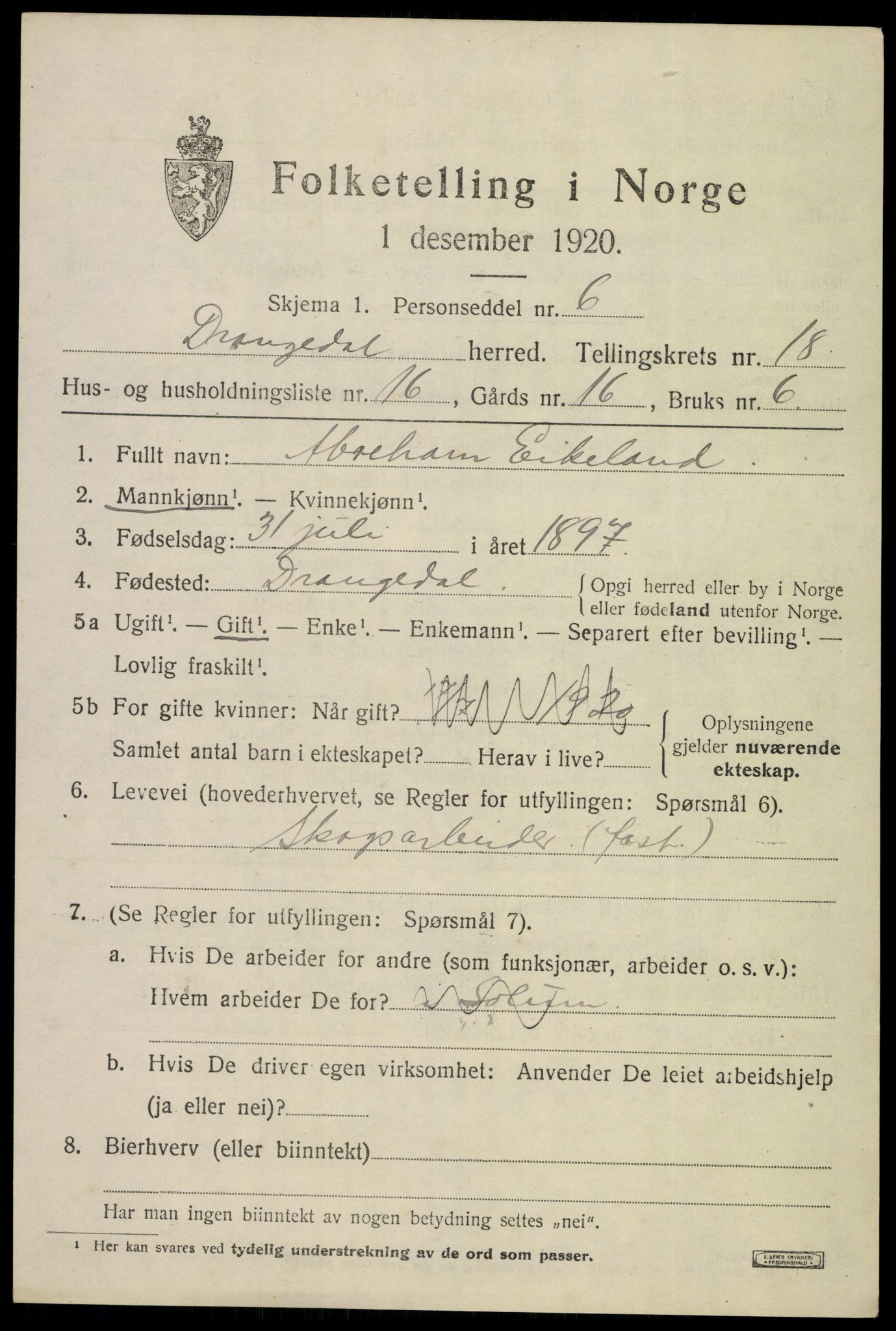 SAKO, 1920 census for Drangedal, 1920, p. 8465