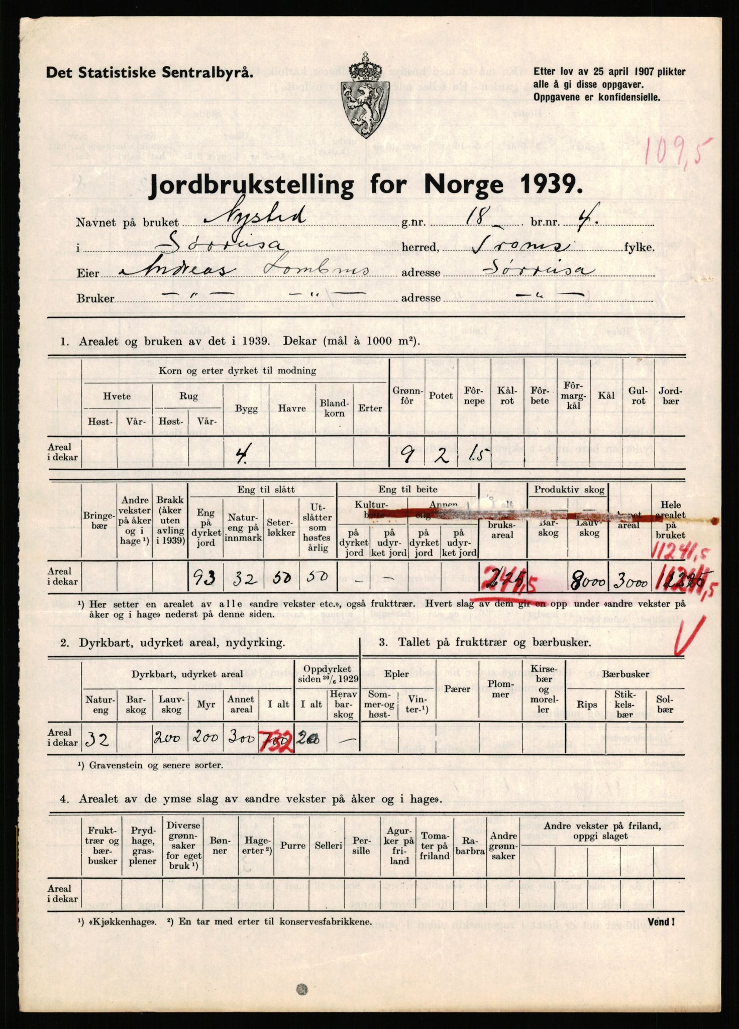 Statistisk sentralbyrå, Næringsøkonomiske emner, Jordbruk, skogbruk, jakt, fiske og fangst, AV/RA-S-2234/G/Gb/L0341: Troms: Sørreisa og Tranøy, 1939, p. 847