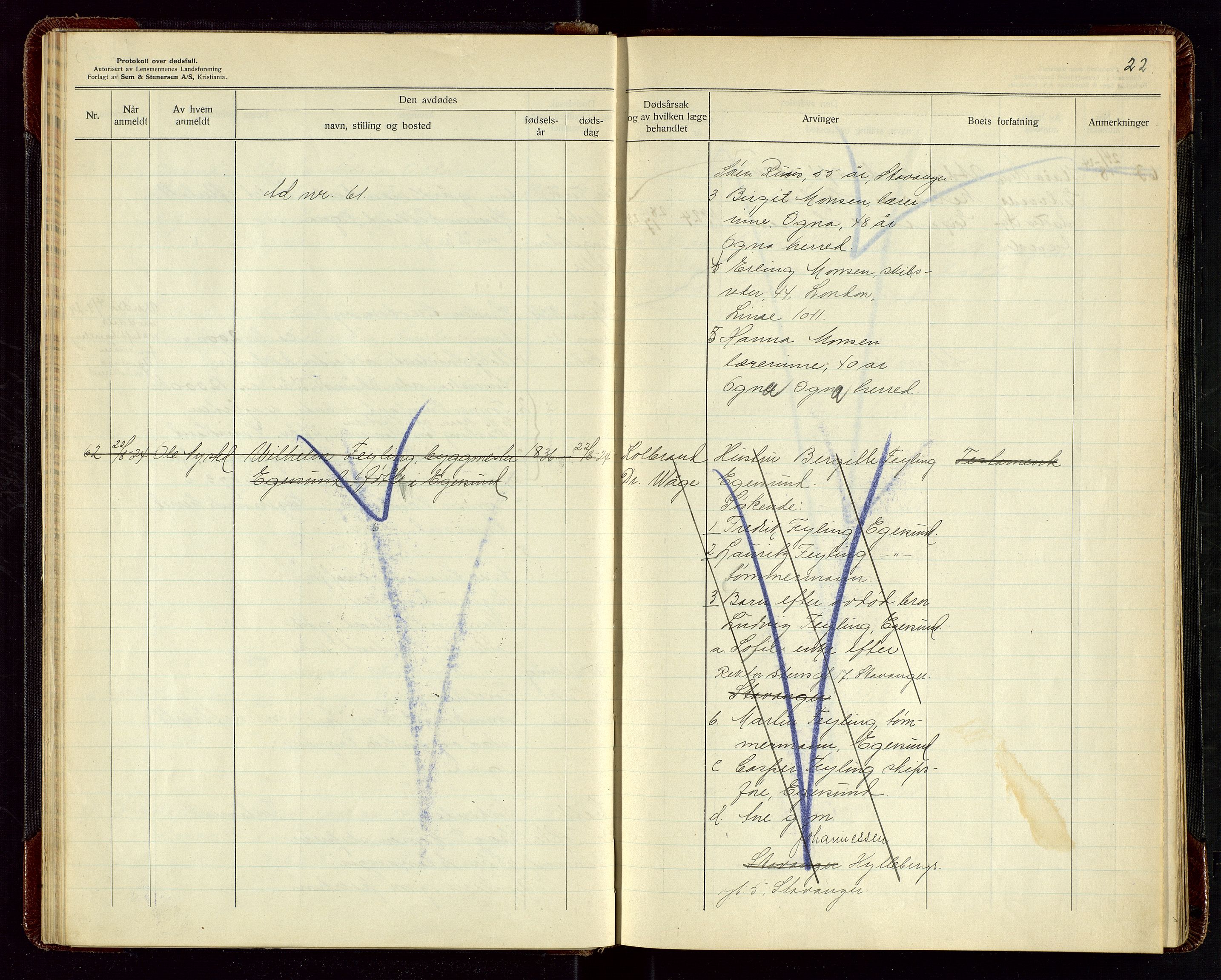 Eigersund lensmannskontor, SAST/A-100171/Gga/L0009: "Protokoll over anmeldte dødsfall" m/alfabetisk navneregister, 1922-1926, p. 22